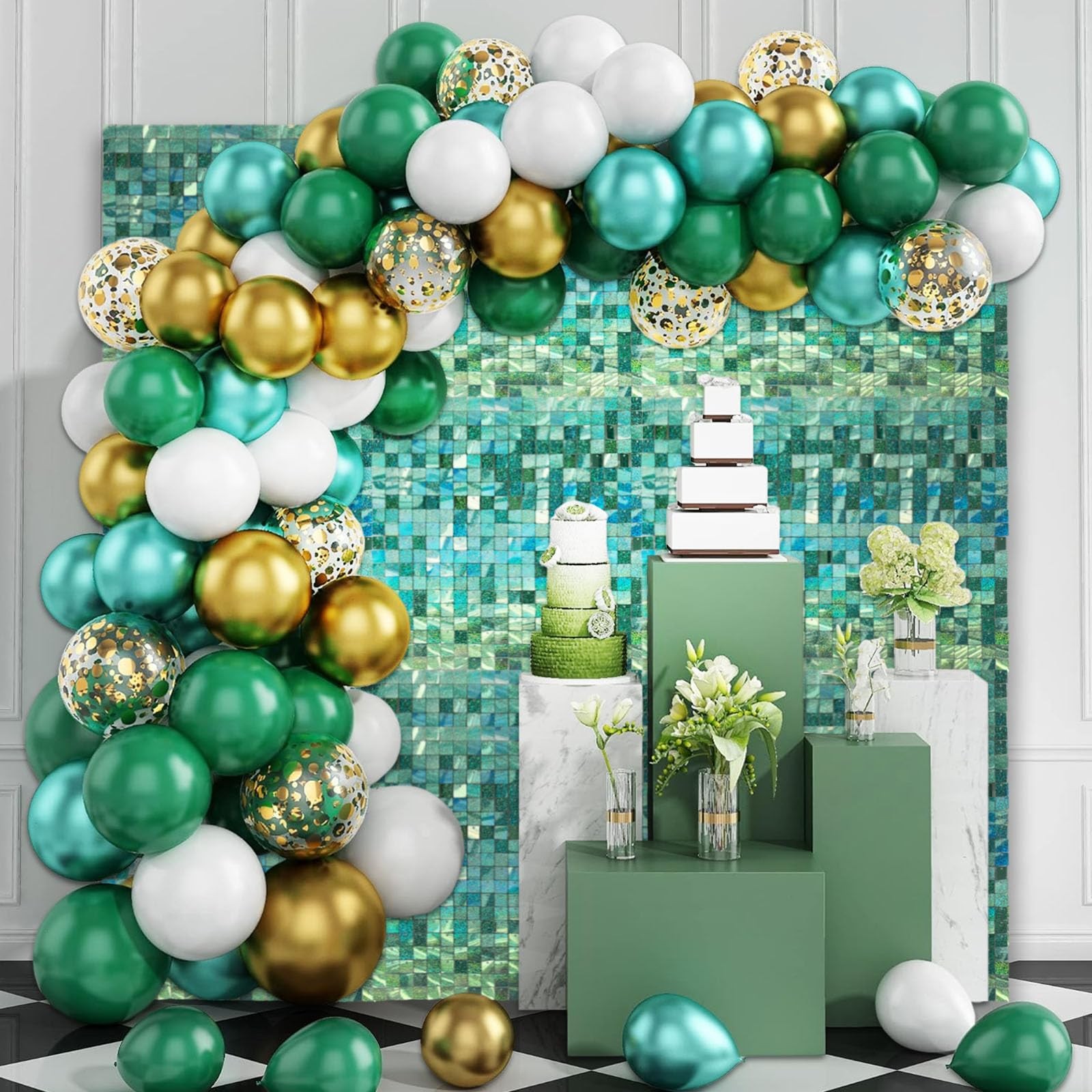 48 PCS Light Green Shimmer Wall Backdrop, Laser Square
