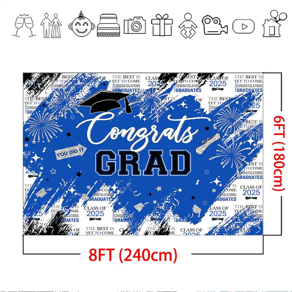 8x6ft Graduation Backdrop, Class of 2025, Blue, Silver, Congrats Grad, Party