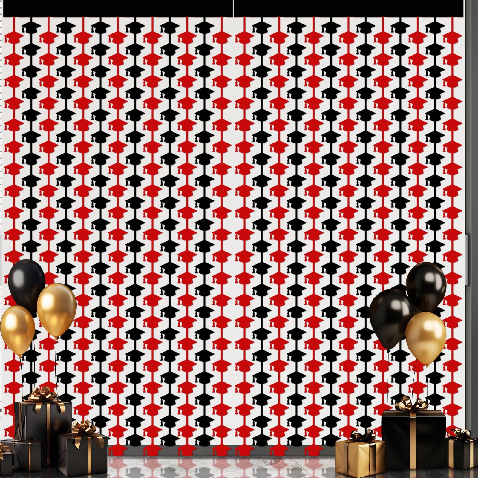 2 Pack Grad Cap Foil Fringe Curtain, 3.3×6.6ft, Red, Black, Prom 2025, Prop