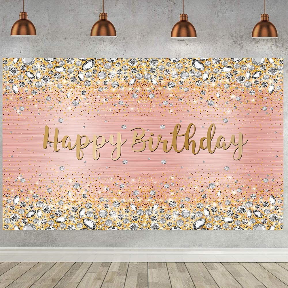 Happy Birthday Backdrop Pink and Rose Gold Dot Glitter Sparkle Party Decorations