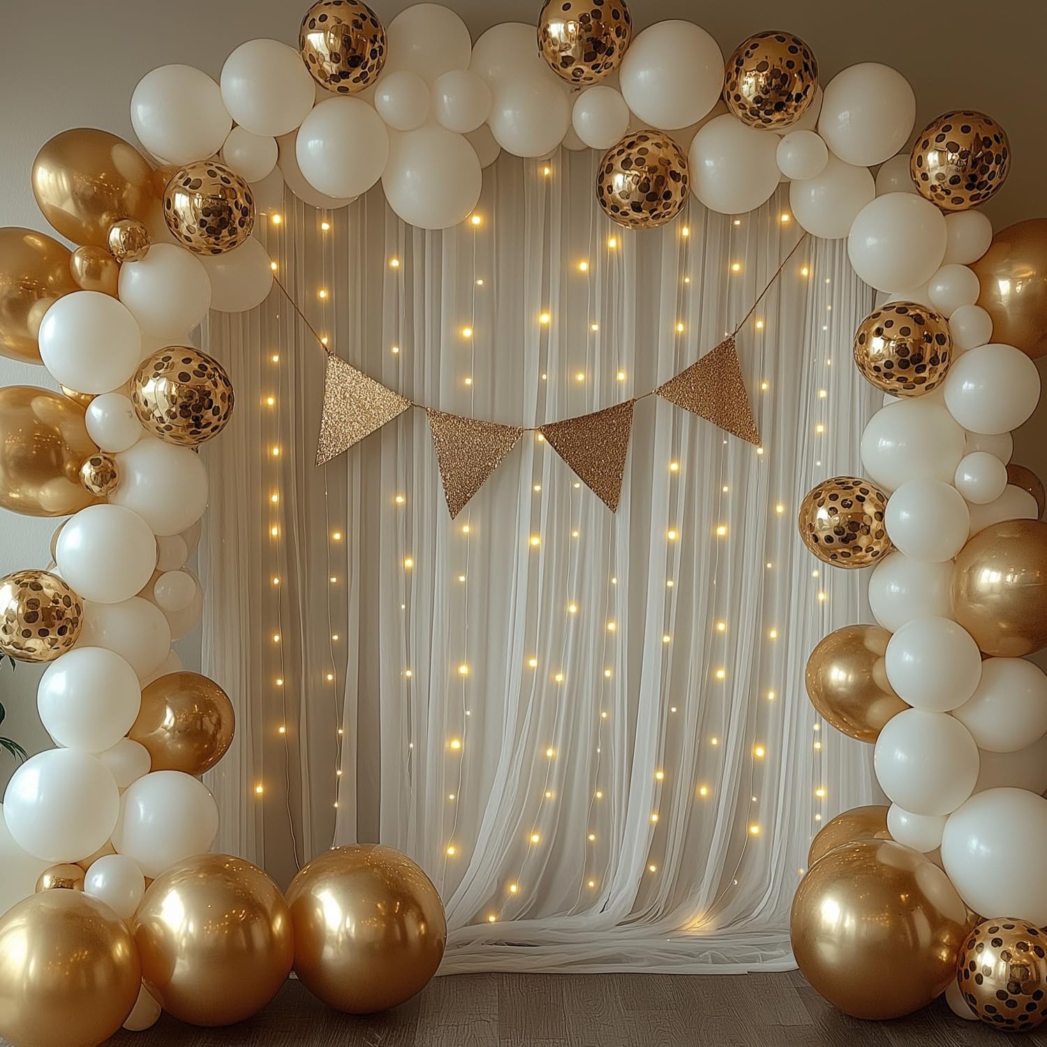 EMHOLDBU 10x10ft White Tulle Backdrop Curtain with Lights String Sheer Drapes