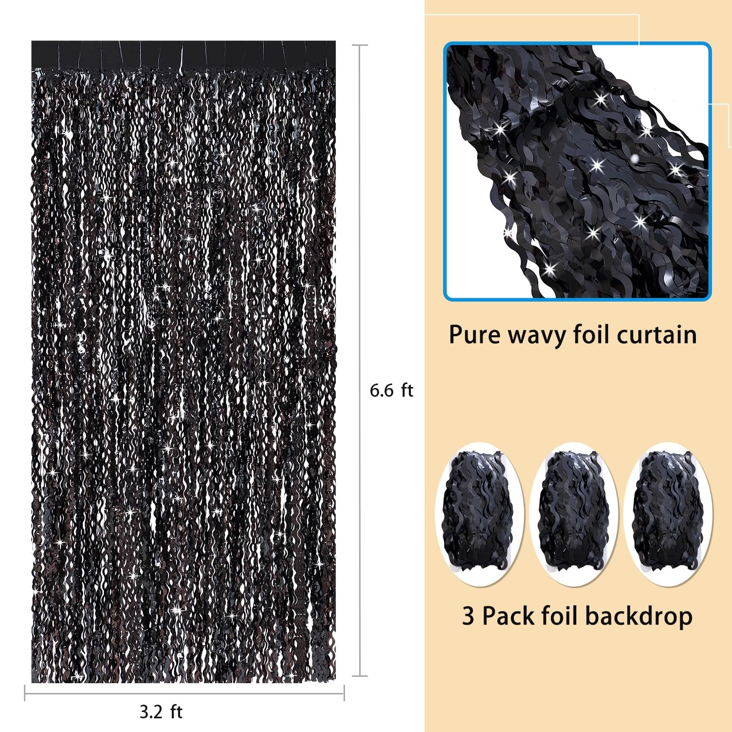 3 PCS New Years Wavy Black Tinsel Foil Fringe Curtain Backdrop 3.3×6.6 FT