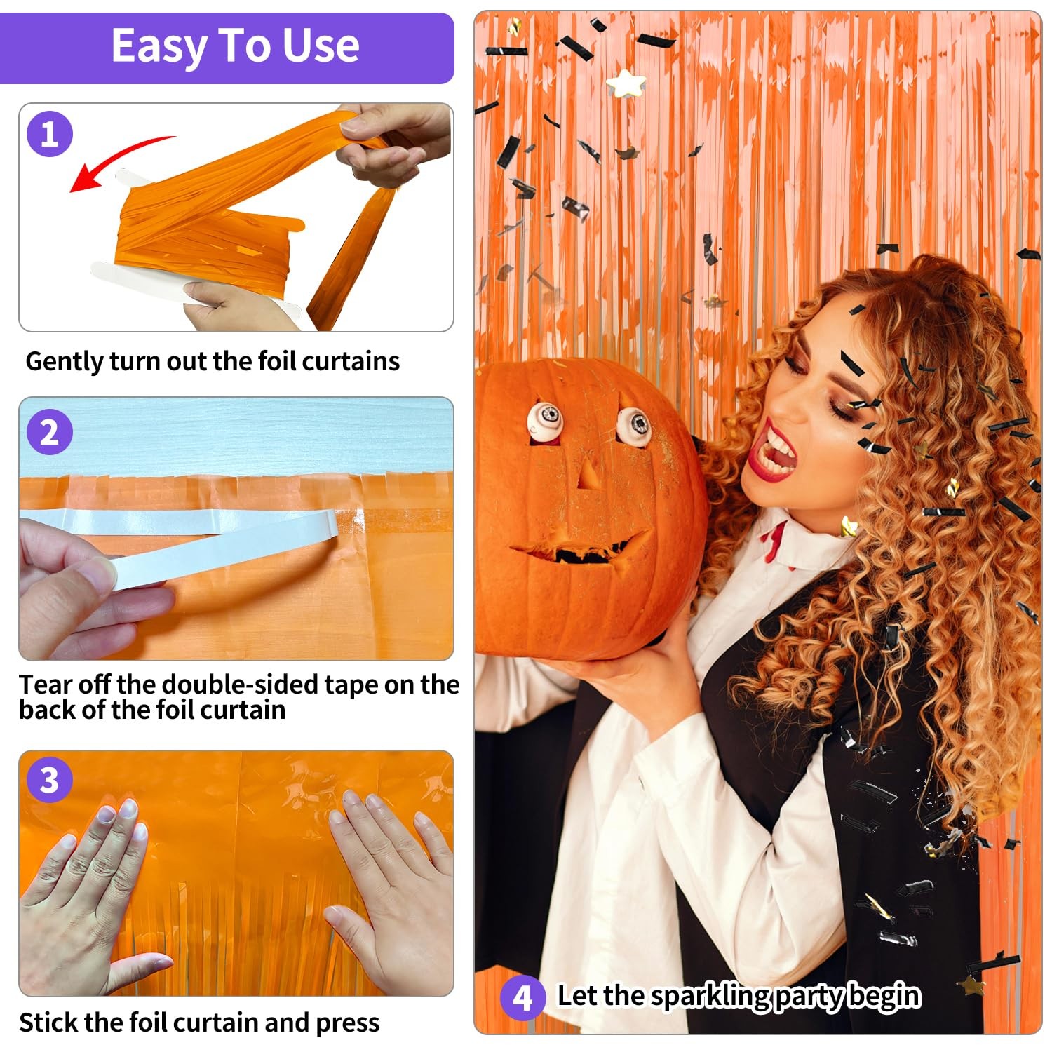 2 PCS Thanksgiving Orange Streamers Fringe Backdrop 3.3×8.2Ft Foil Curtains