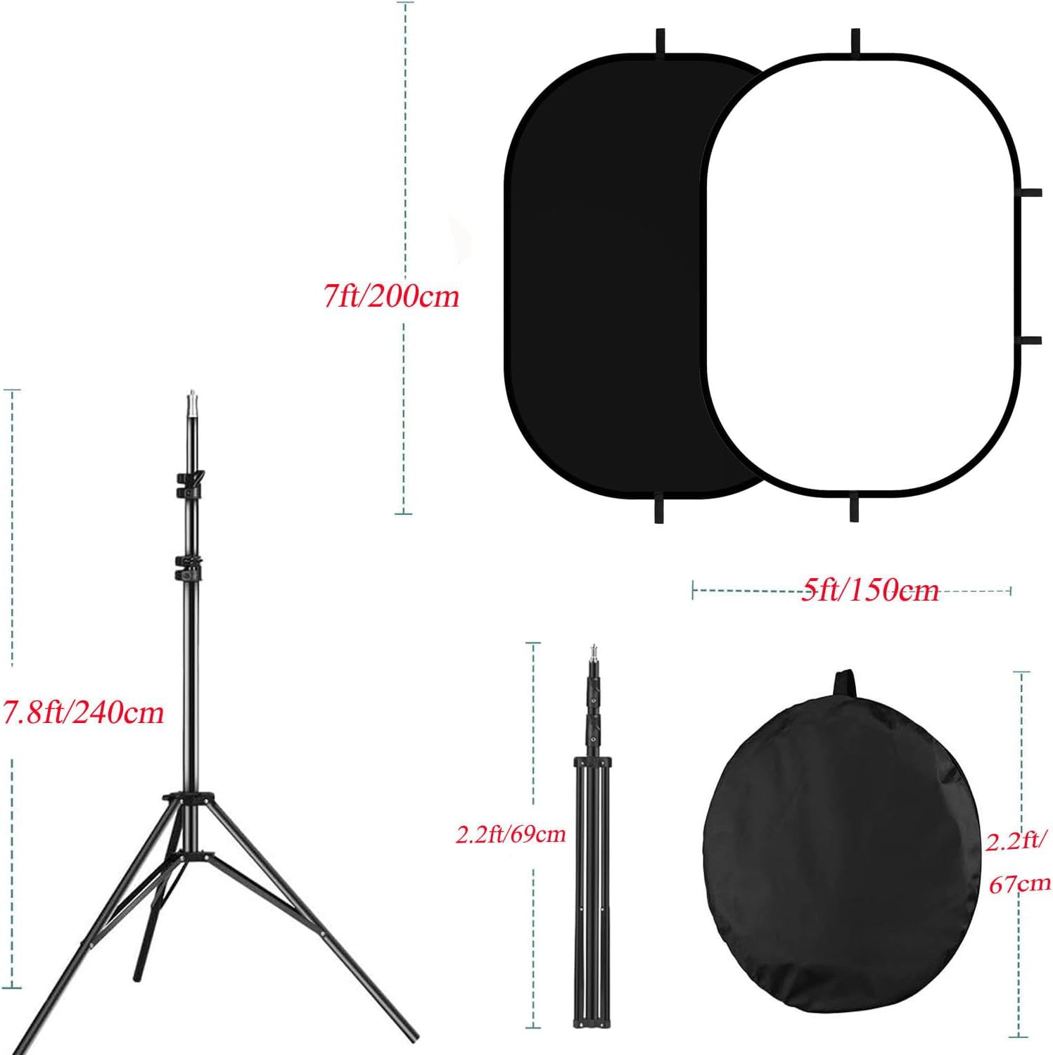 5X7Ft/1.5X2M Chromakey Black White Backdrop with 7.8Ft/2.4M Stand, 2-In-1 Revers