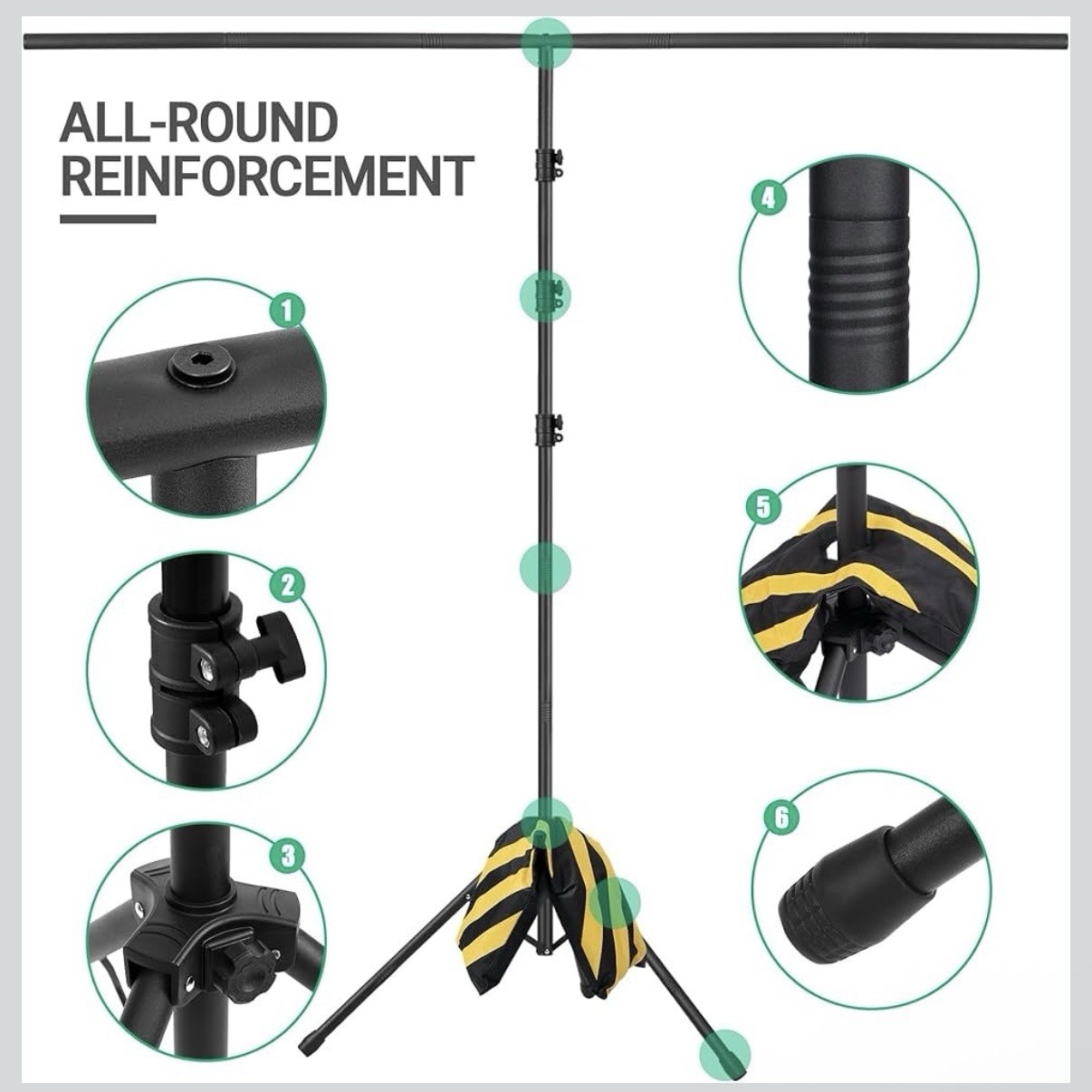 Photo Studio Adjustable Backdrop Support Stand 63.5in, 6 Clamps, Sandbag, Black