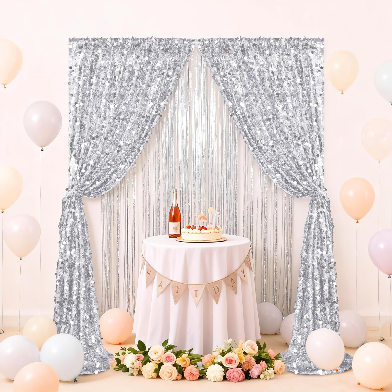 Silver Sequin Backdrop Curtain 8.6x8ft Glitter Drape Birthday Party Decor 2Pc