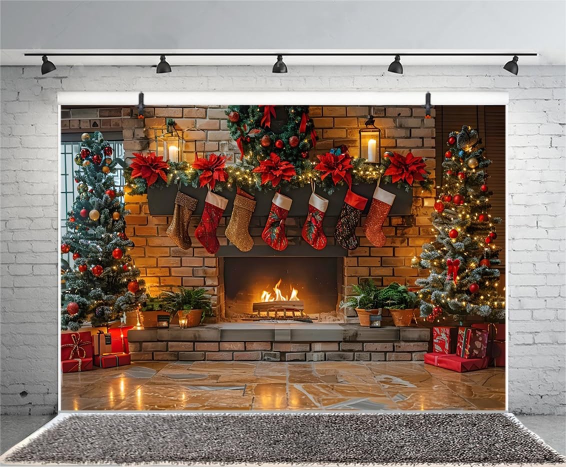 7x5ft Christmas Fireplace Backdrop Tree Xmas Stocks Brick