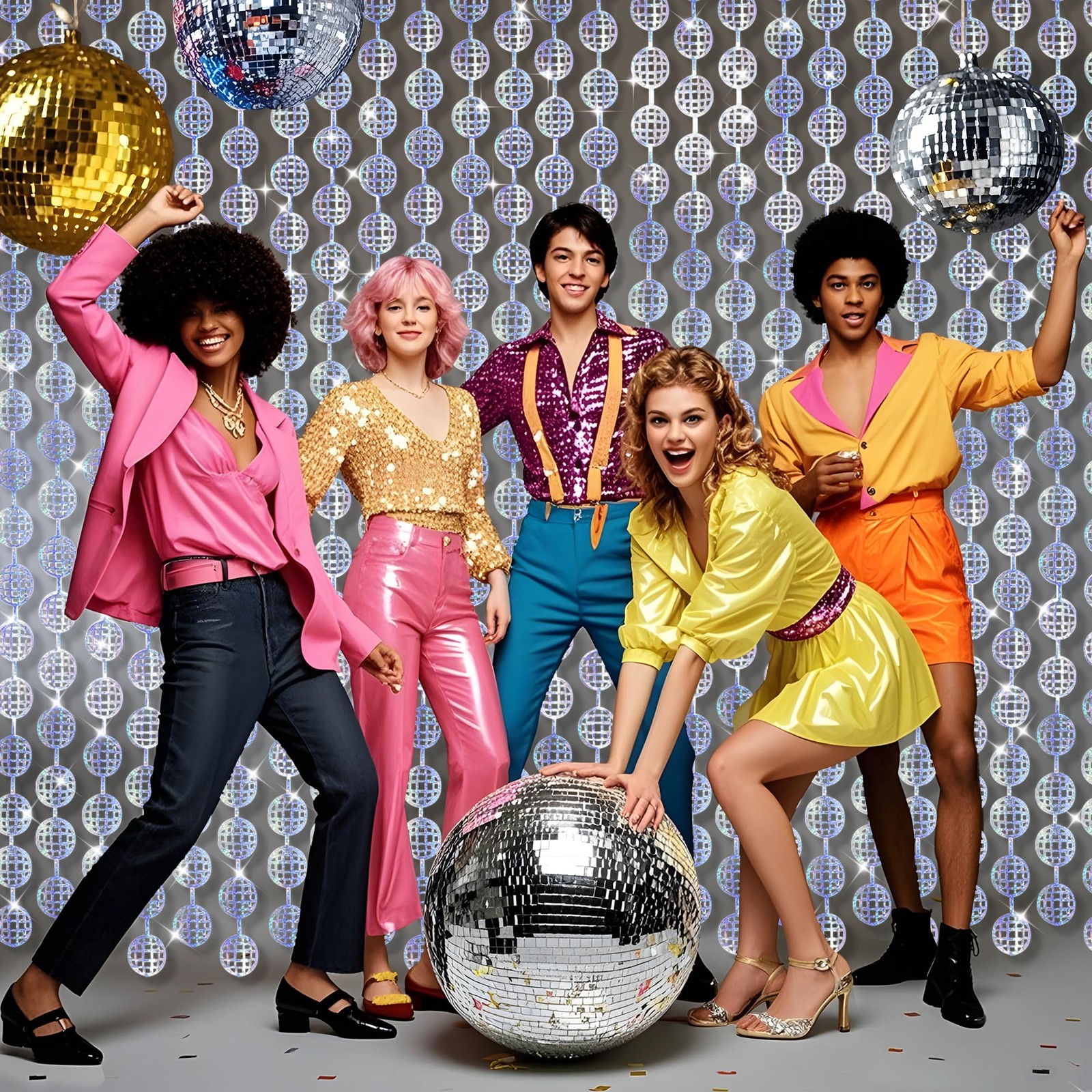 Disco Ball Foil Fringe Curtains 3 Pack Silver Tinsel Backdrop for 70s Party