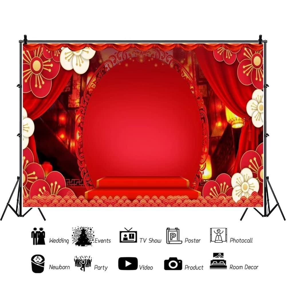 7×5 FT Chinese New Year Backdrop Red Curtain Flowers Lantern Photo Studio Prop