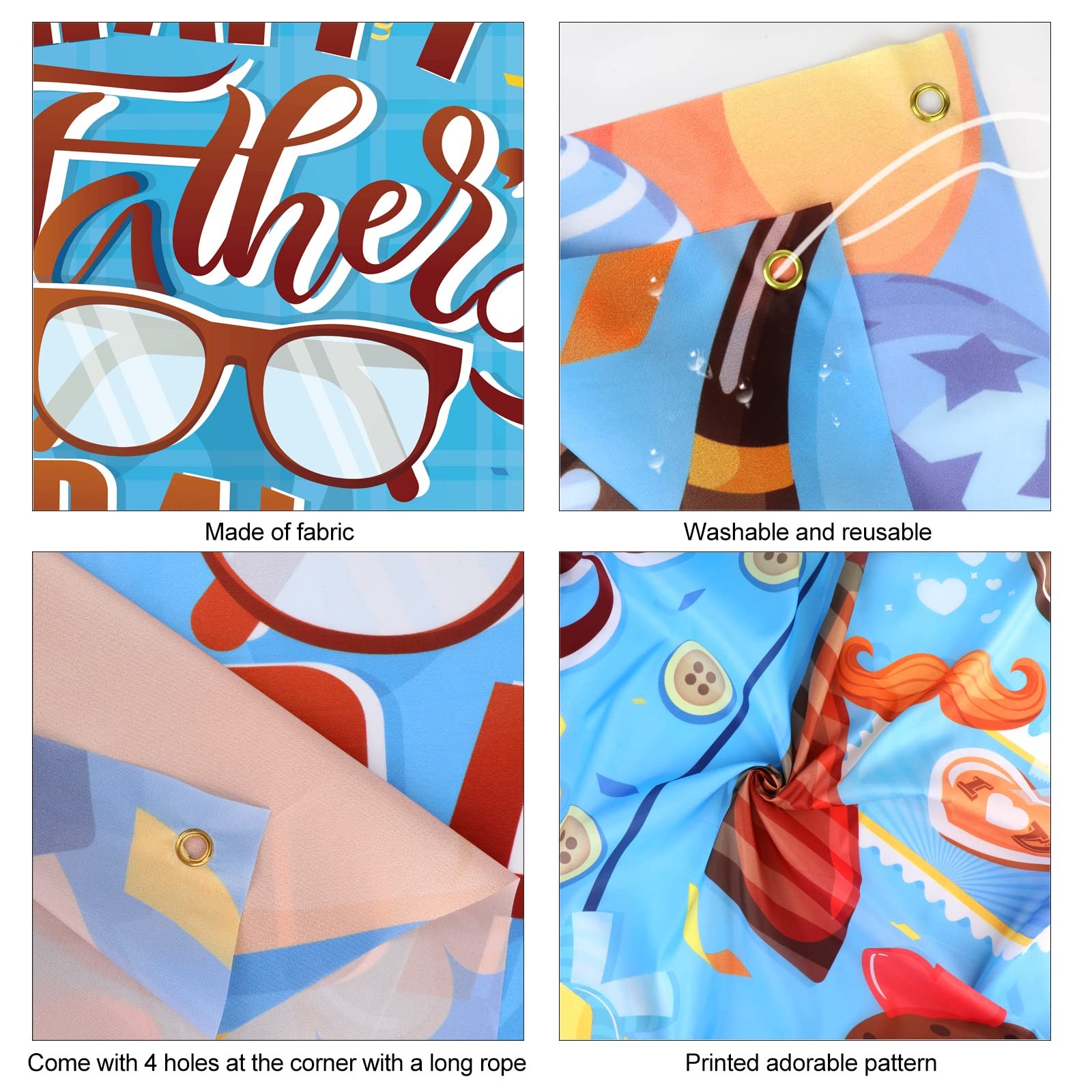 Happy Father’s Day Banner, Blue Fabric Backdrop with Brown Tie, Star Balloons, ‘