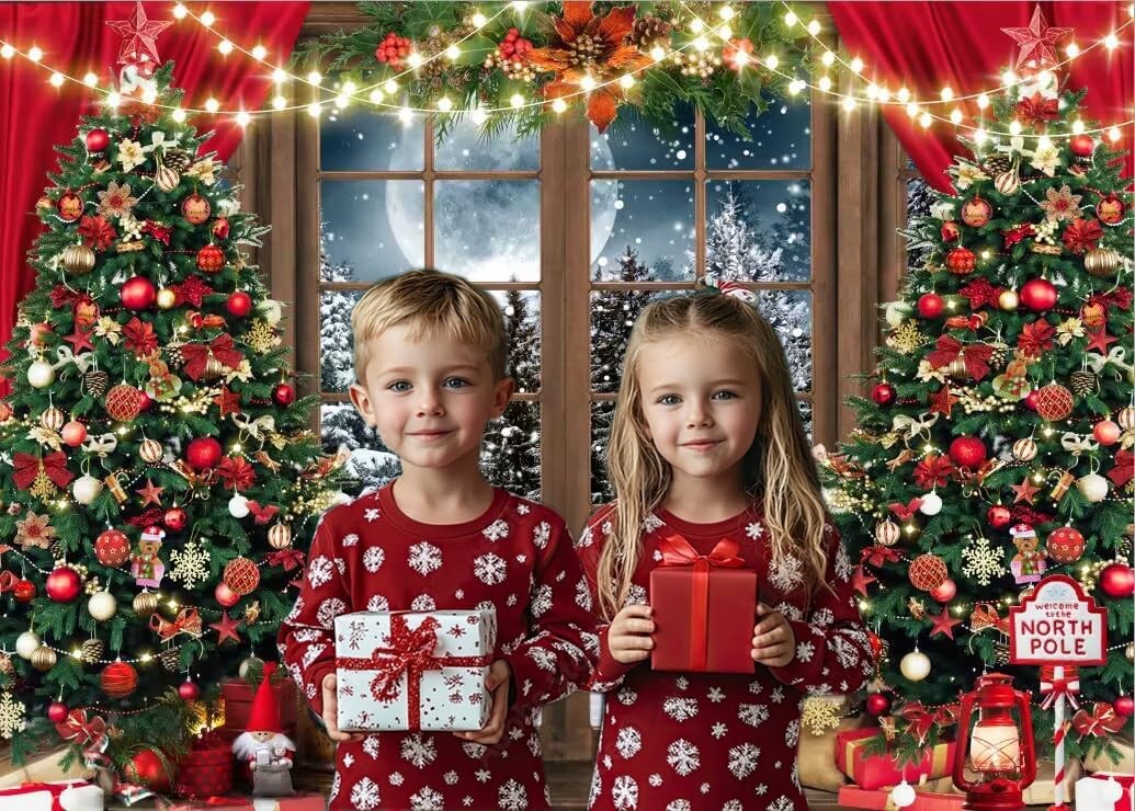 7x5FT Christmas Backdrop Red Xmas Tree Snow Holiday Party Banner