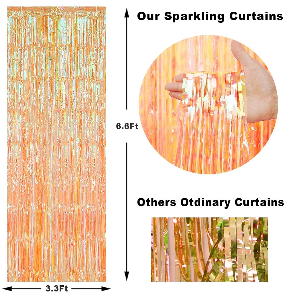 Transparent Orange Metallic Tinsel Foil Fringe Curtains Backdrop 3 Pack