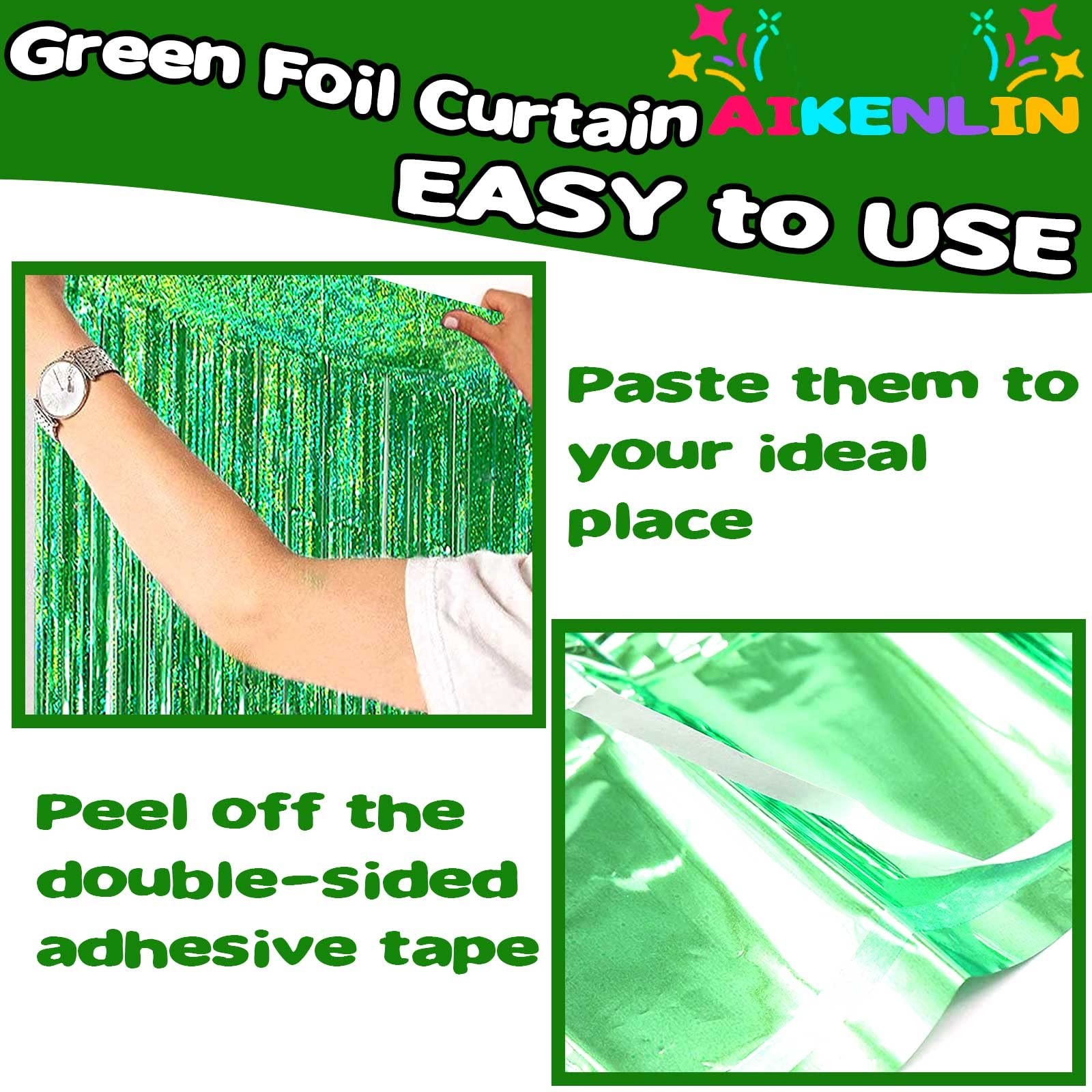 4 PCS 3.2×9.8 FT Green Foil Fringe Curtain Backdrop Metallic Tinsel Streamers