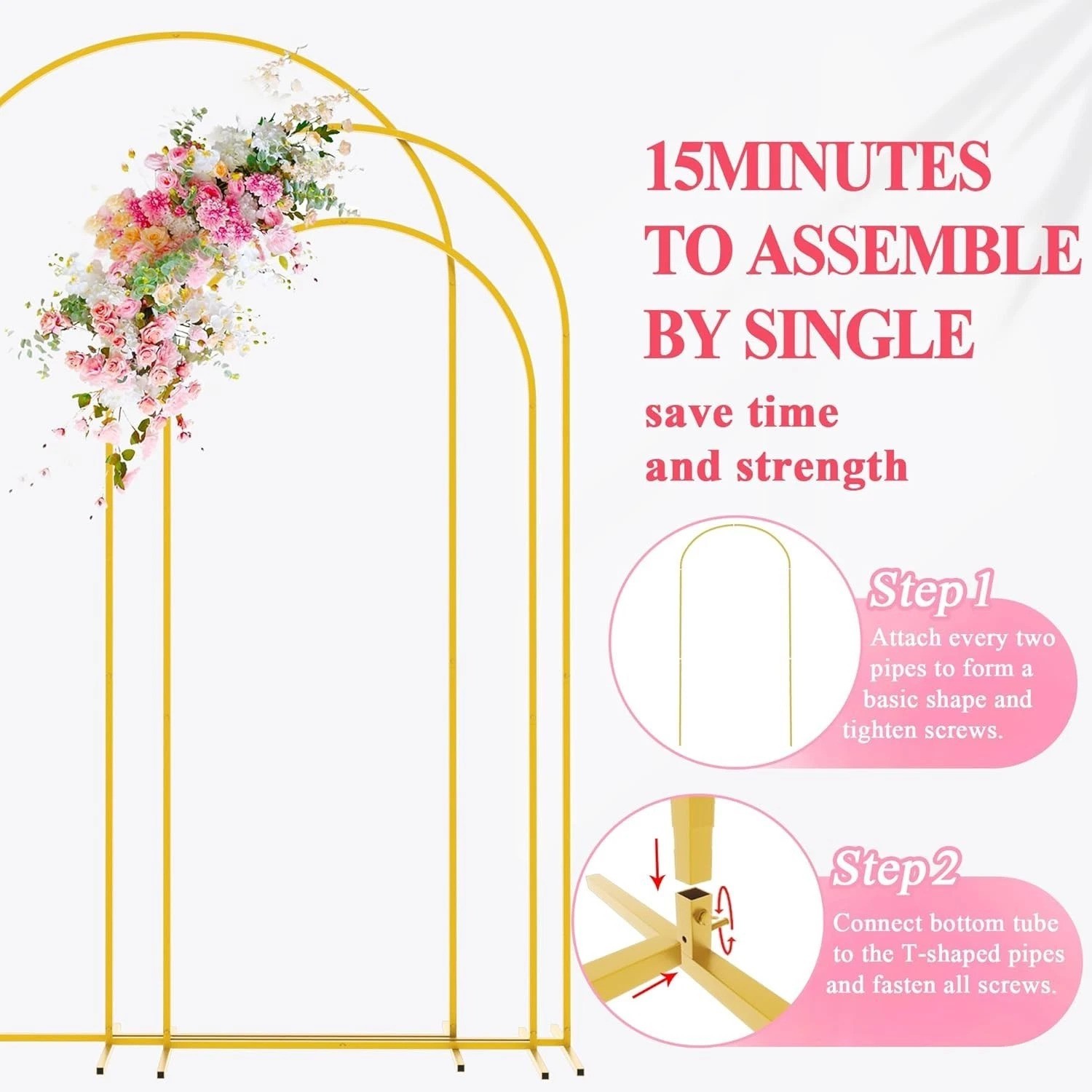 Metal Arch Backdrop Stand Set of 3 7.2FT, 6.6FT, 6FT Gold Arched Frame for We…