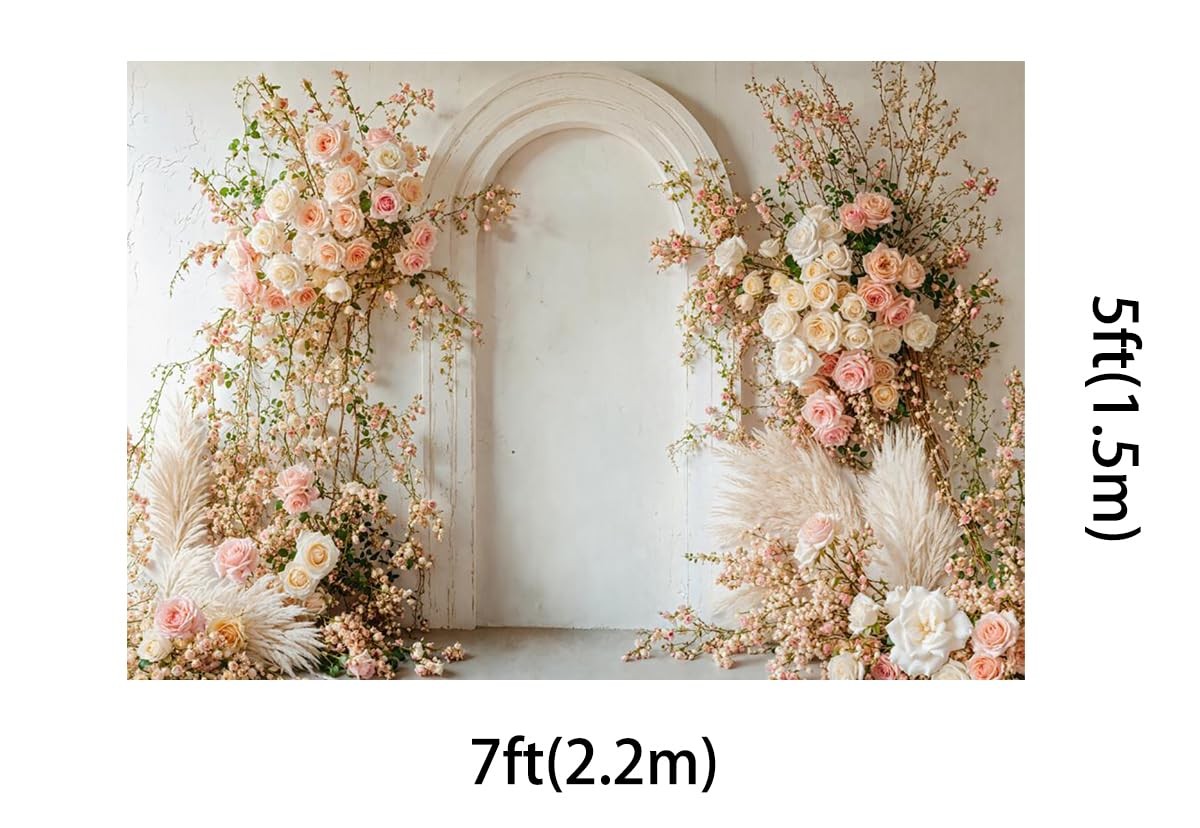 7×5 Ft Spring Pink Flowers White Wall Photography Backdrop Party Background