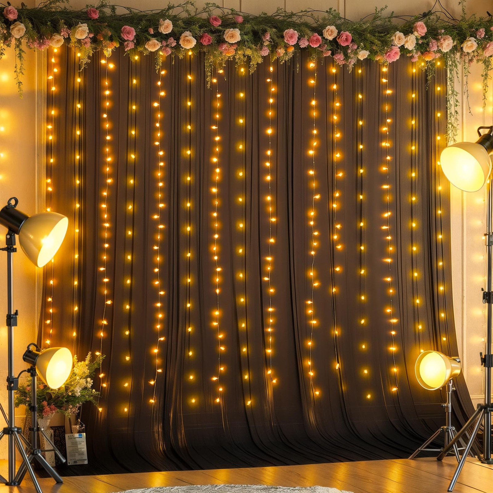 Black Backdrop Curtains 10x10ft Wrinkle Free With Light String Background