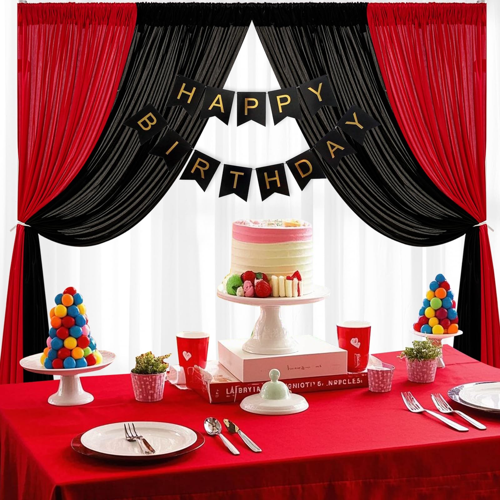 4 PCS 2.5x10FT Red Black Backdrop Curtains 10x10FT Wrinkle Free Drapes