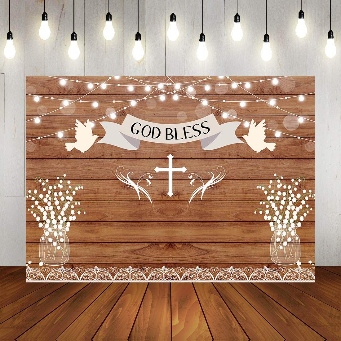 God Bless Baptism Backdrop Rustic Wooden Board Wall Sparkle 5×3 feets, White