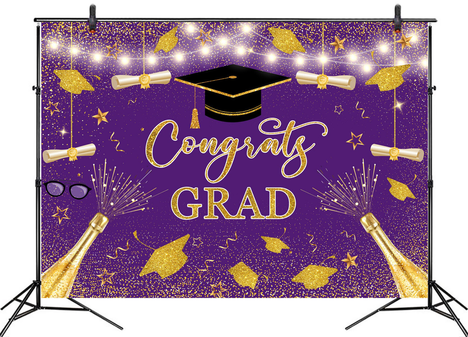 10x8ft Gold and Purple Bachelor’s Cap Graduation Vinyl Backdrop Photo Background