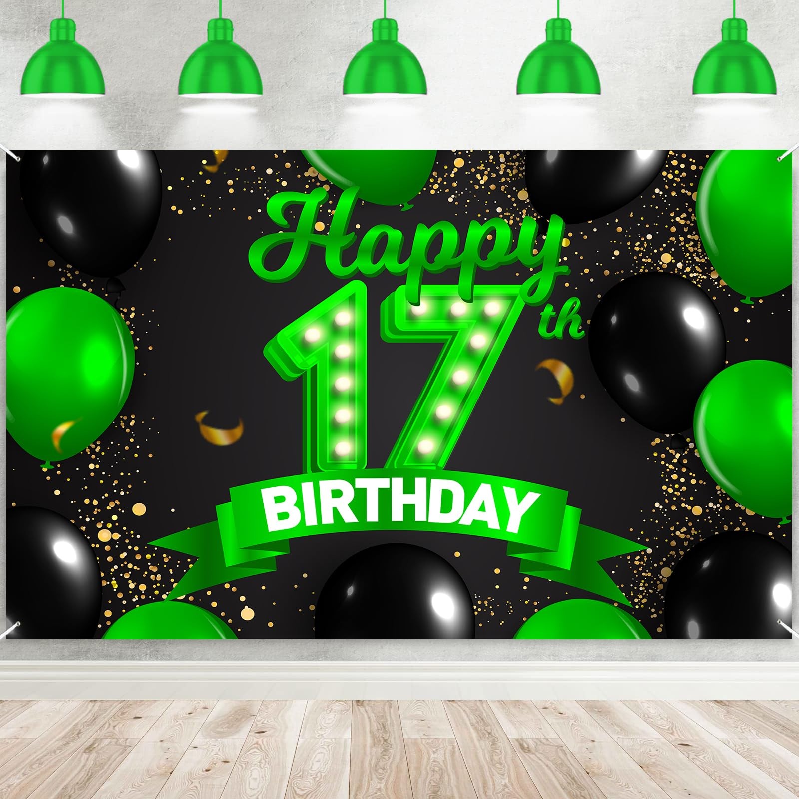 Happy 17th Birthday Green and Black Banner Backdrop Cheers to 17 17, Multi