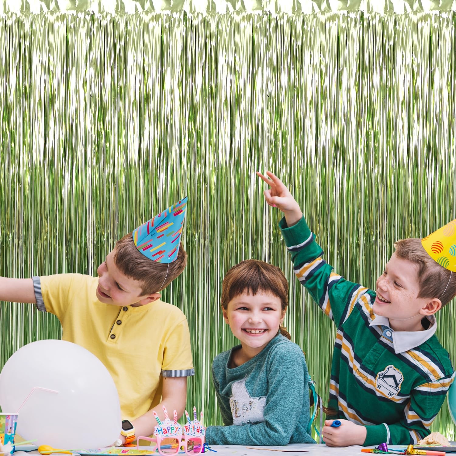 Sage Green Metallic Tinsel Foil Fringe Curtains Party Backdrop 3.2×8.2ft 2 PCS