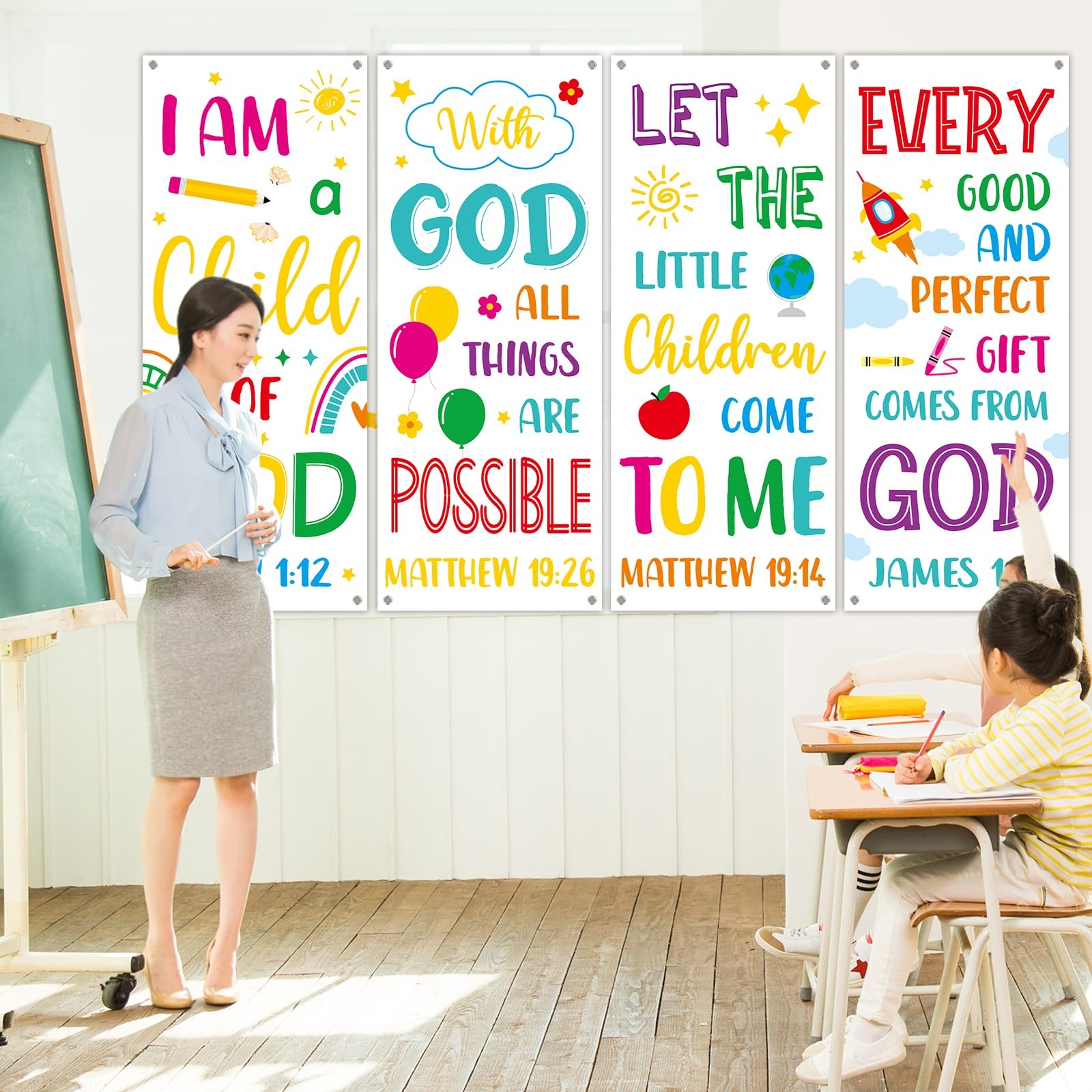 4PCS Church Banners with Scripture Religious Bible Verse Backdrops for Kids C…