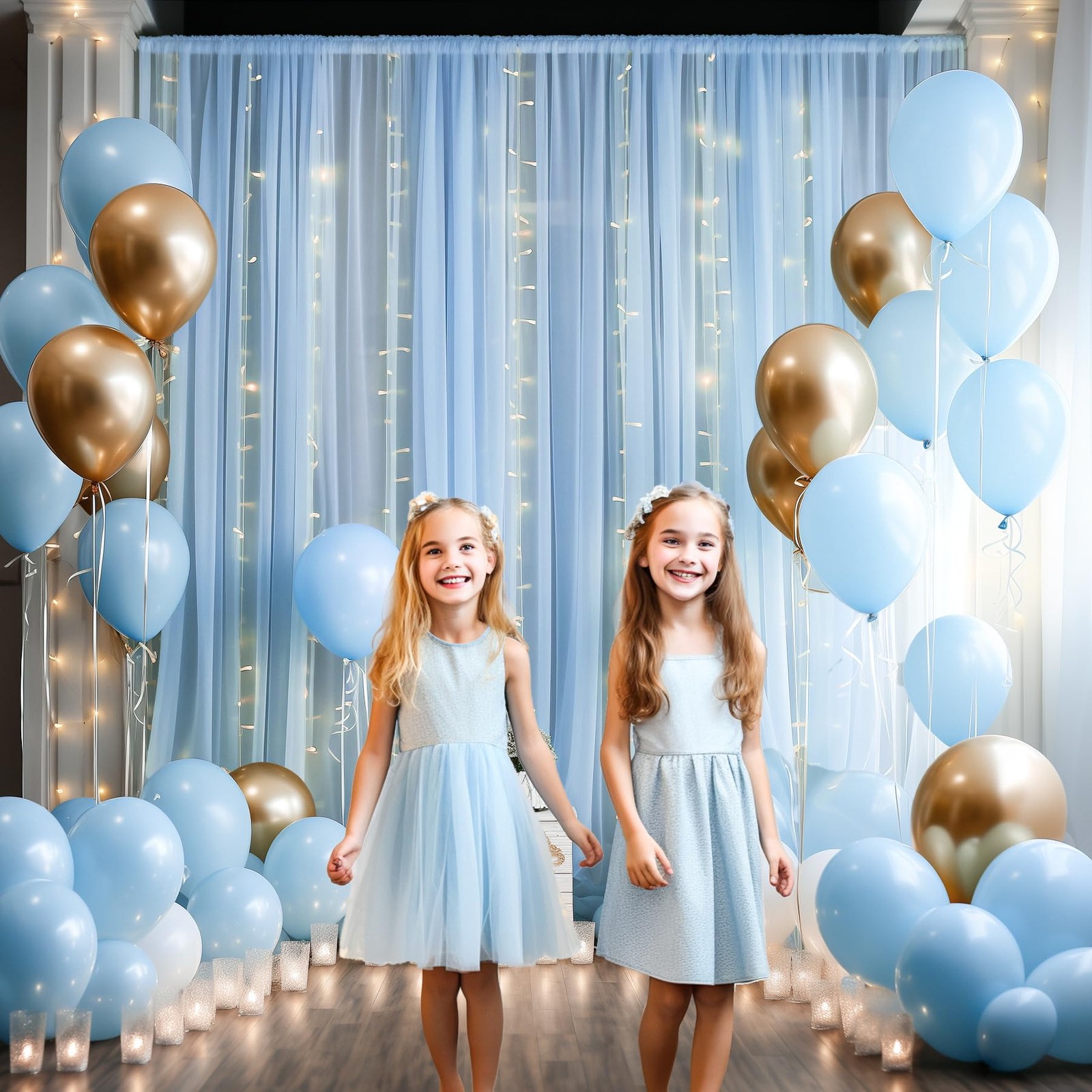 Tulle Backdrop Curtain Light String Wedding Ceremony Reception Baby Blue 10x10ft