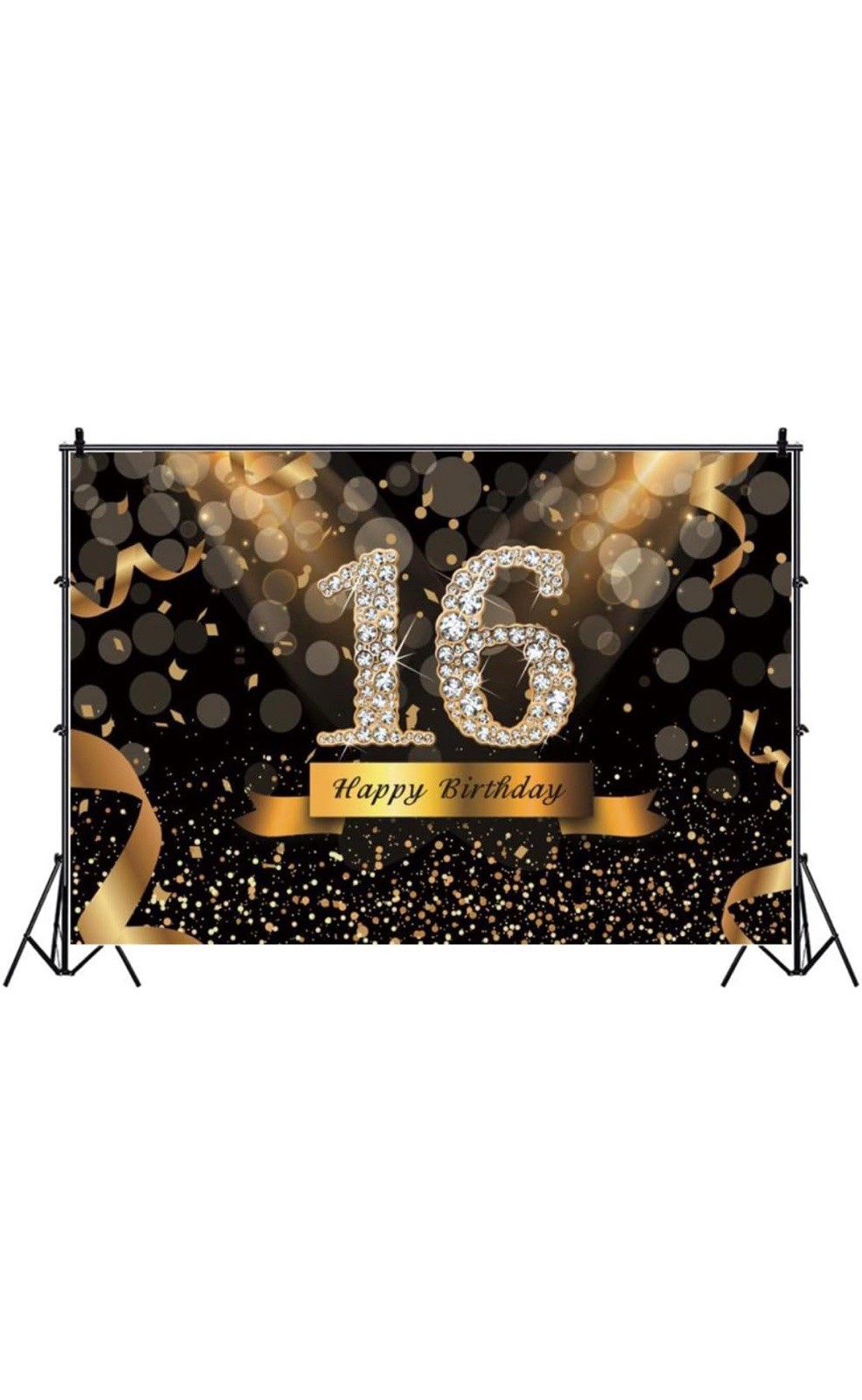 Black Gold 16th Happy Birthday Backdrop Gold Glitter Photography Background