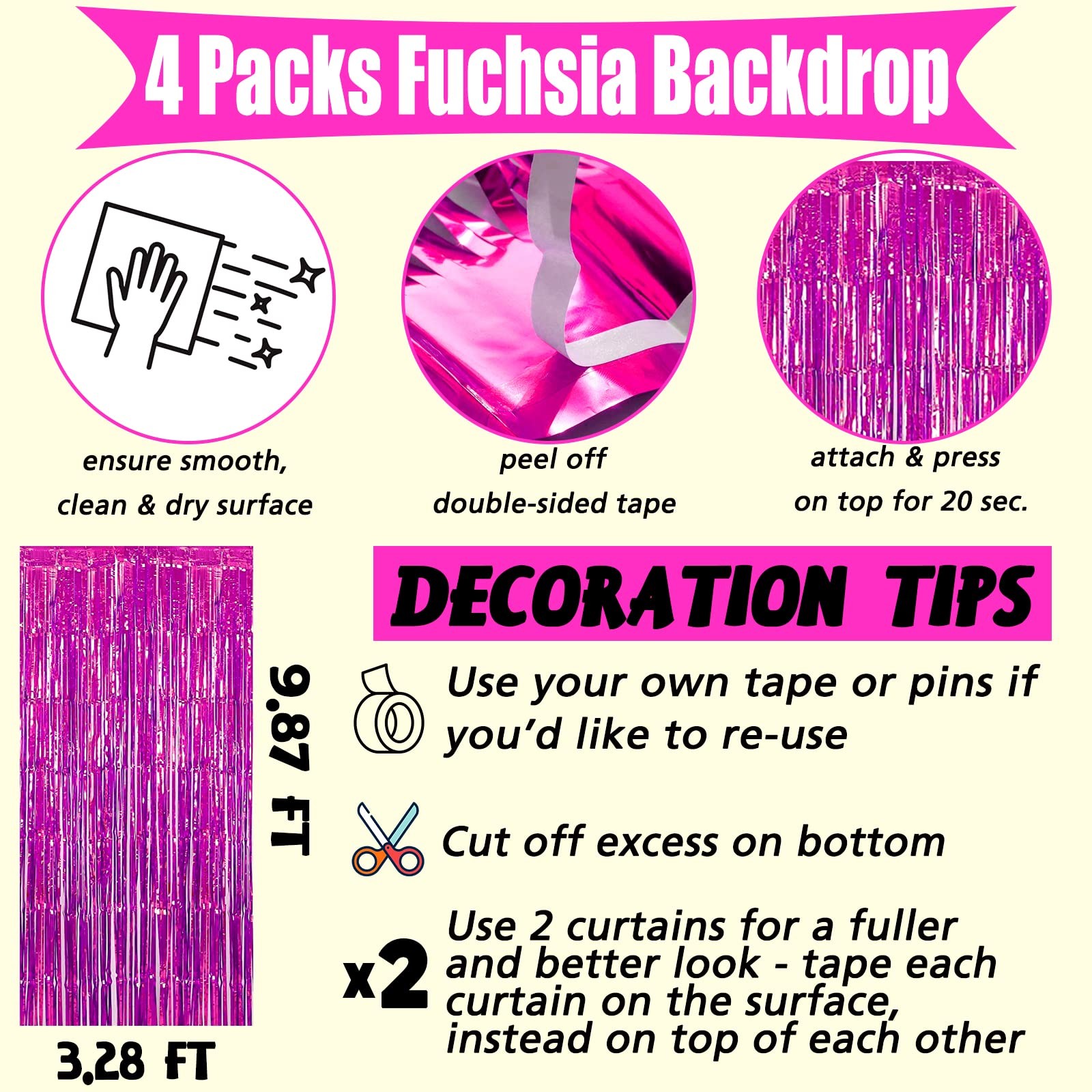 4 PK Fuchsia Fringe Curtain Backdrop 3.2×9.8 Ft Metallic Tinsel Streamers