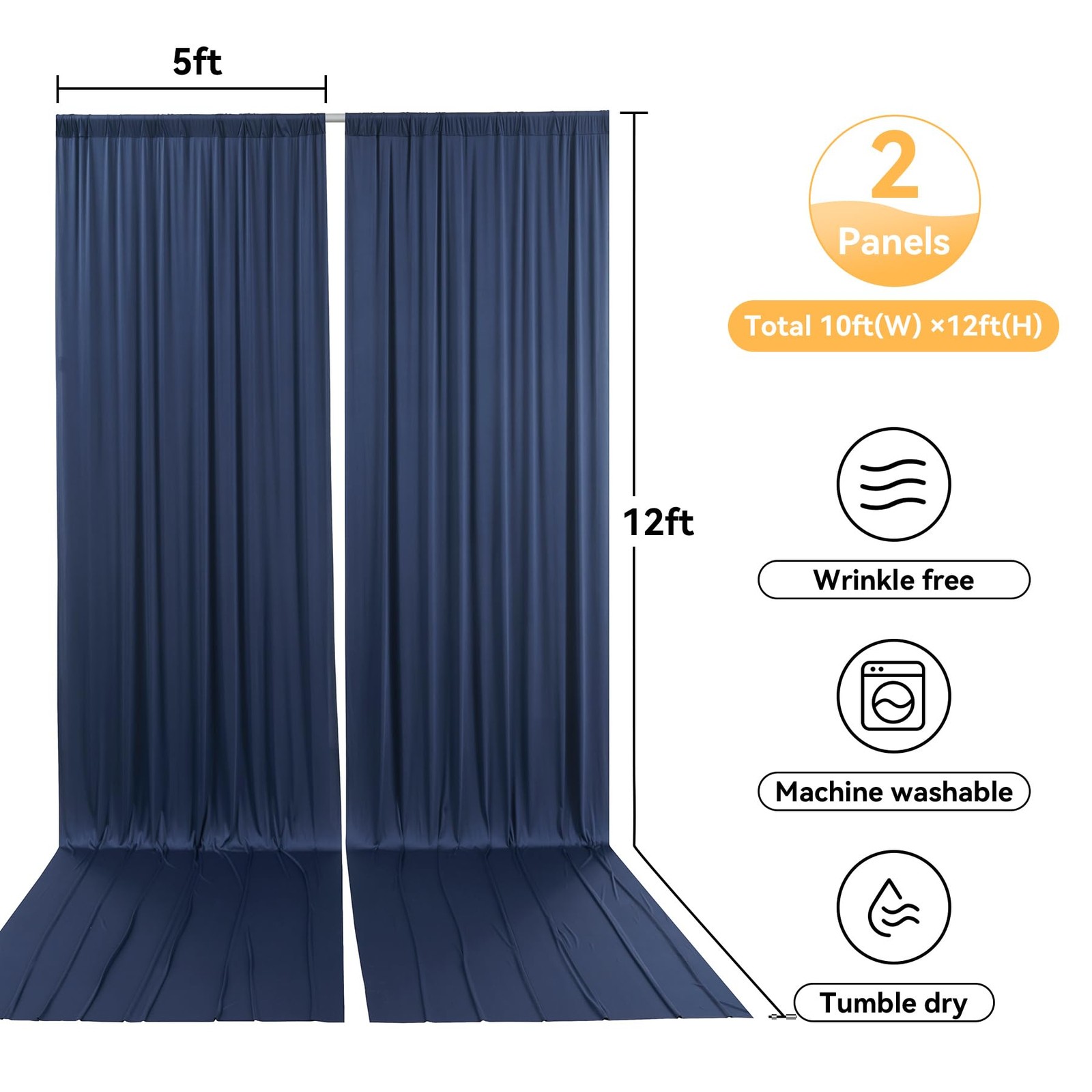 2 PCS 10×12 ft Navy Blue Wrinkle Free Polyester Photo Backdrop Curtain Drapes
