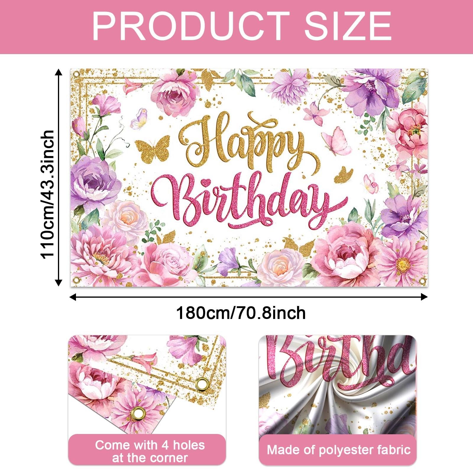 Happy Birthday Backdrop for Women Pink Floral Happy Birthday Party Decorations..