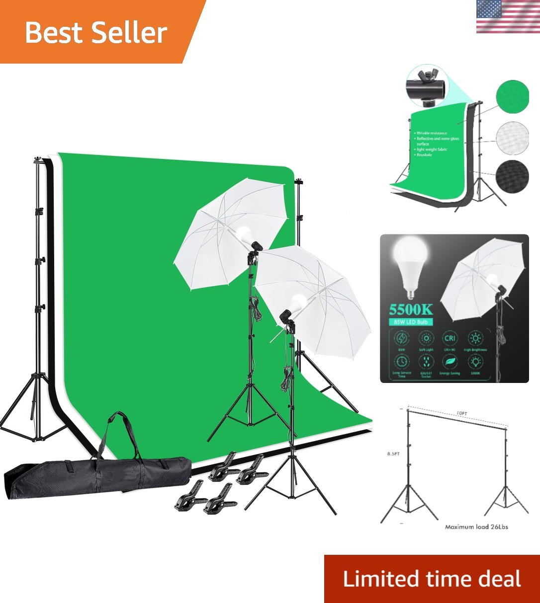 High-Quality Photo Video Studio Kit: Stand, Backdrops, LED Lights & Carry Bag