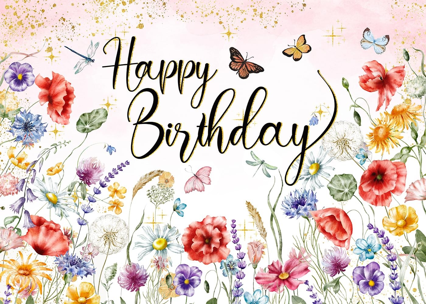 Wildflower Happy Birthday Backdrop 7x5FT Spring Watercolor Floral Background