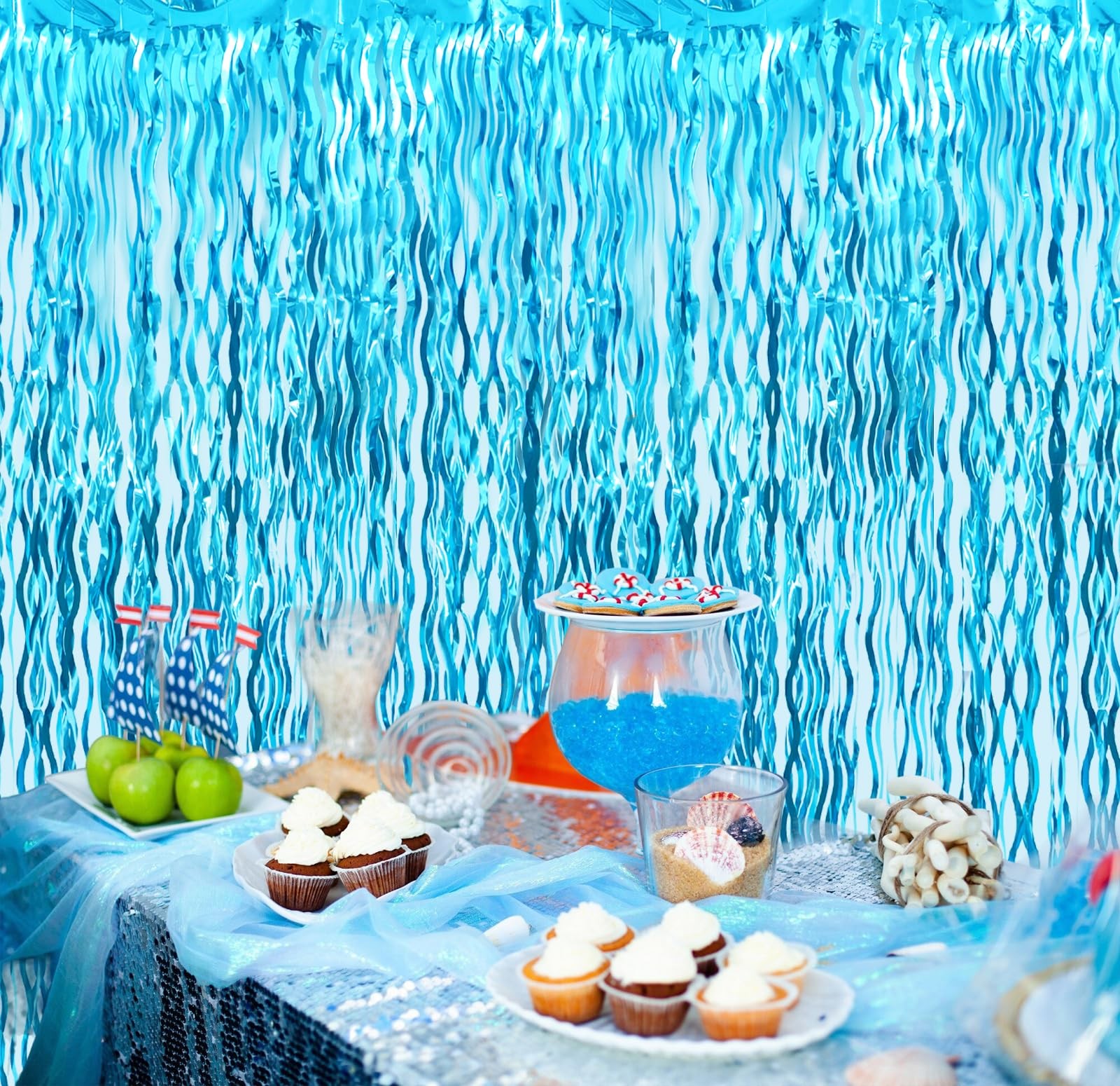 3 Pcs Wavy Light Blue Tinsel Foil Fringe Curtains, Party Photo Backdrop, Decor