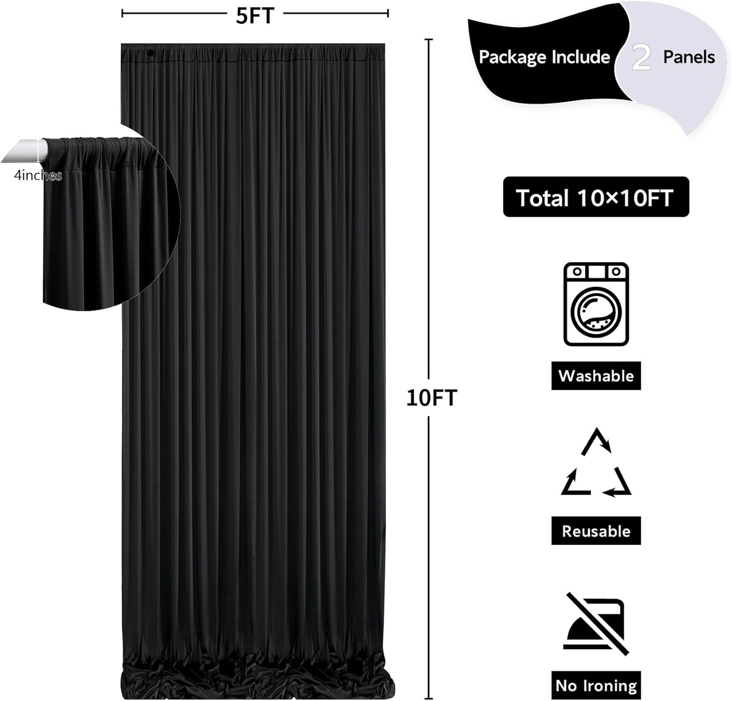 20 Ft X 10 Ft Wrinkle Free Black Backdrop Curtain for Parties, 4 Panels 10Ft Pol