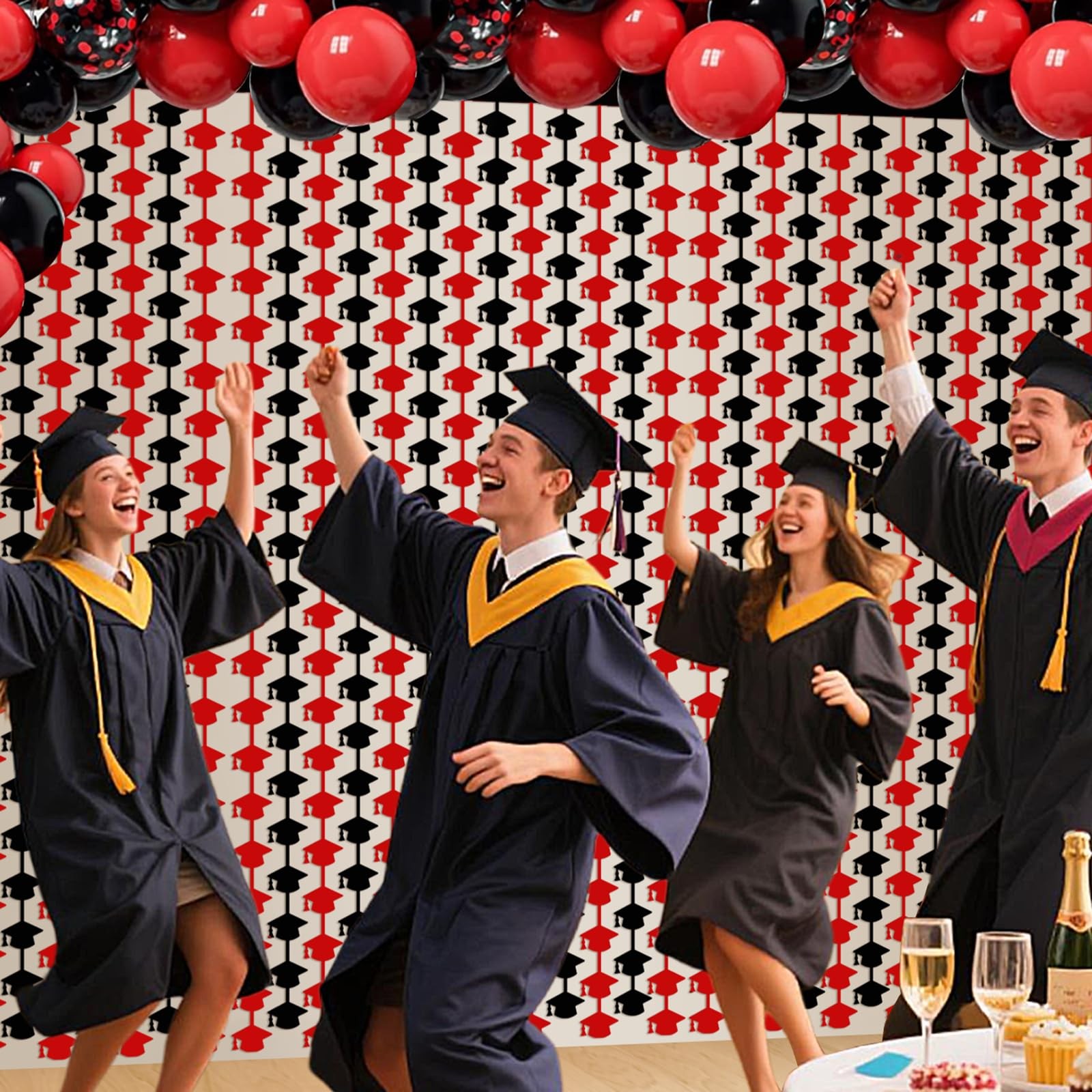 2 Pack Grad Cap Foil Fringe Curtain, 3.3×6.6ft, Red, Black, Prom 2025, Prop