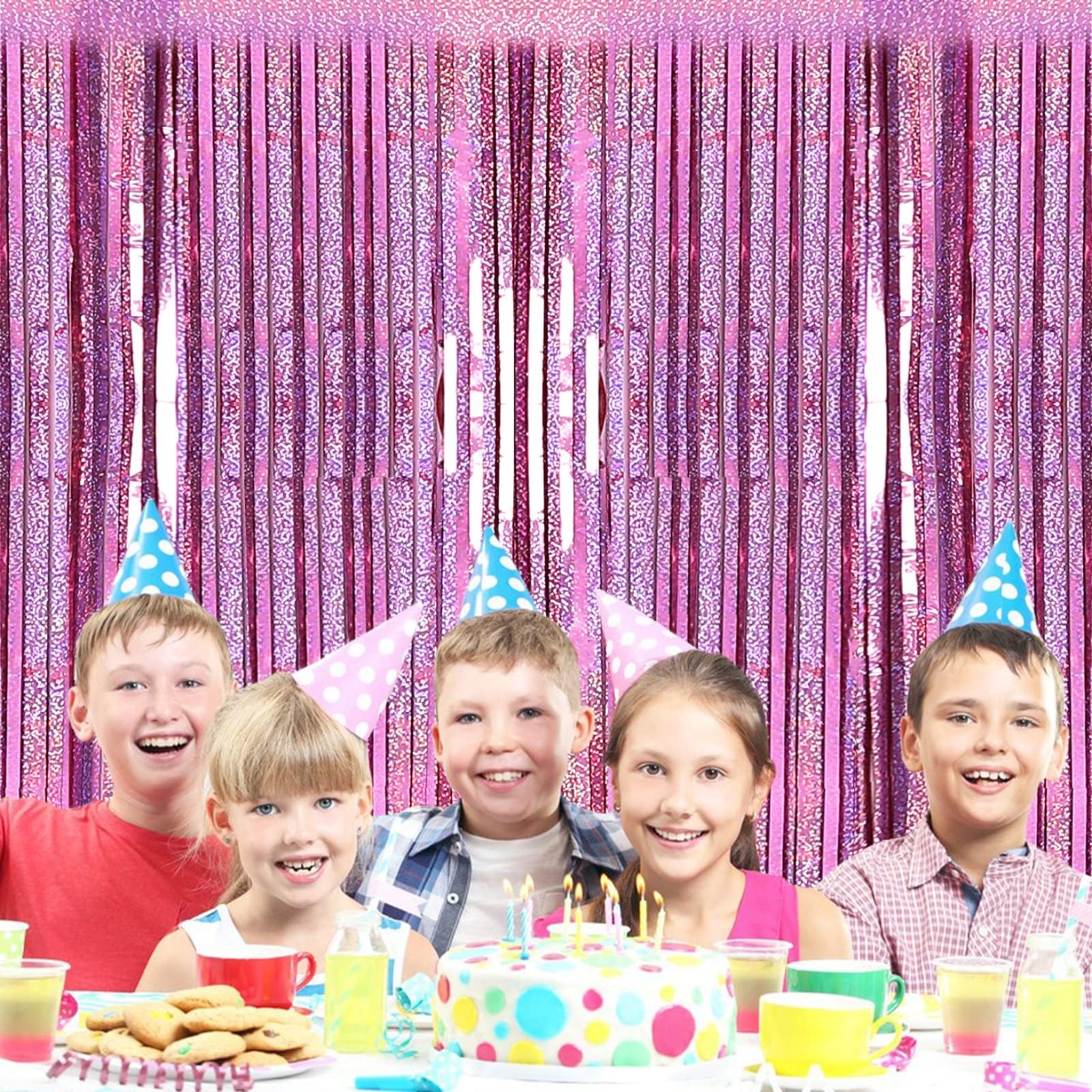 2 Pack 3.2ft x 8.2ft Pink Metallic Tinsel Foil Fringe Curtains Backdrop for P…