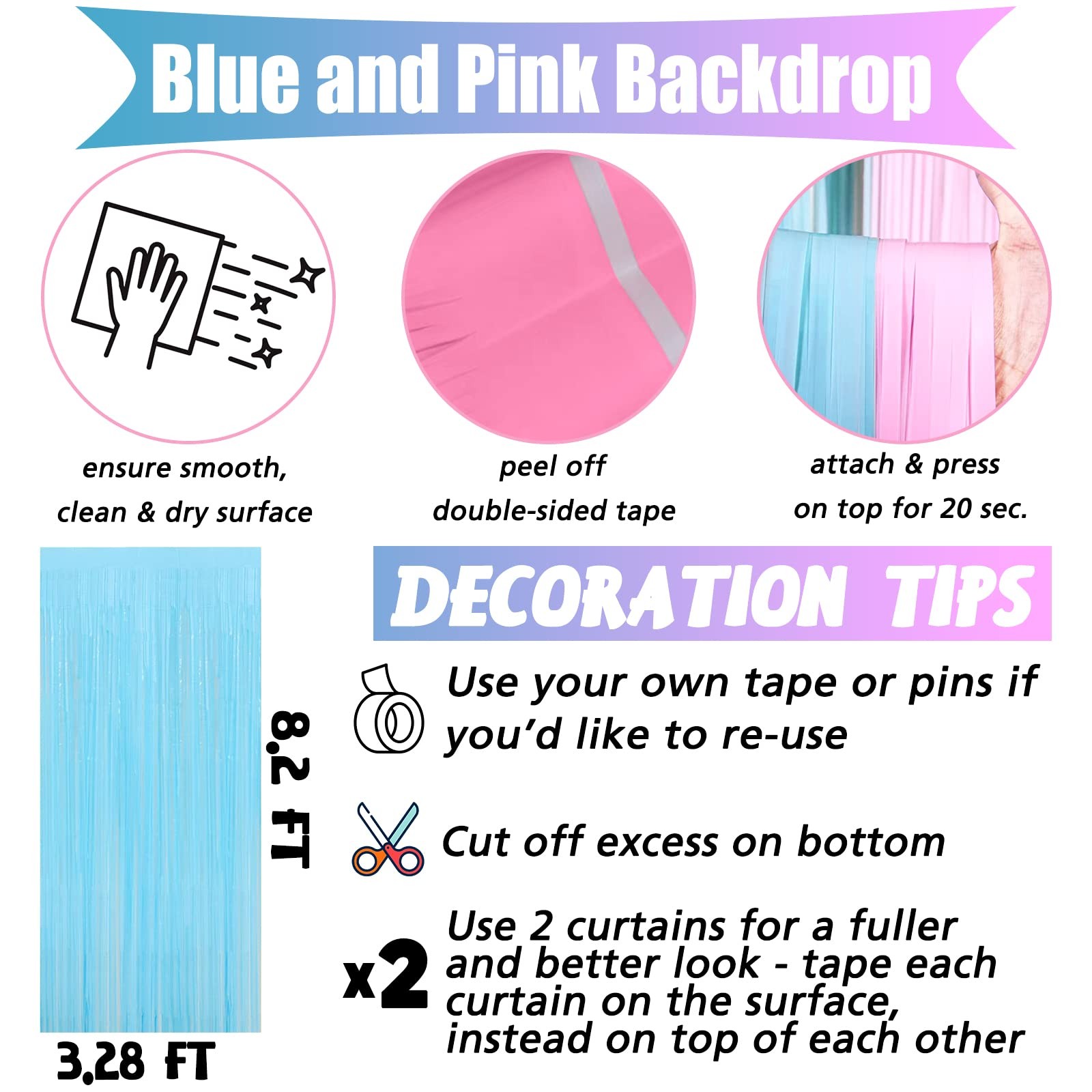 Pink Blue Foil Fringe Curtain Backdrop Gender Reveal Decor 3.2×8.2FT 4 PCS