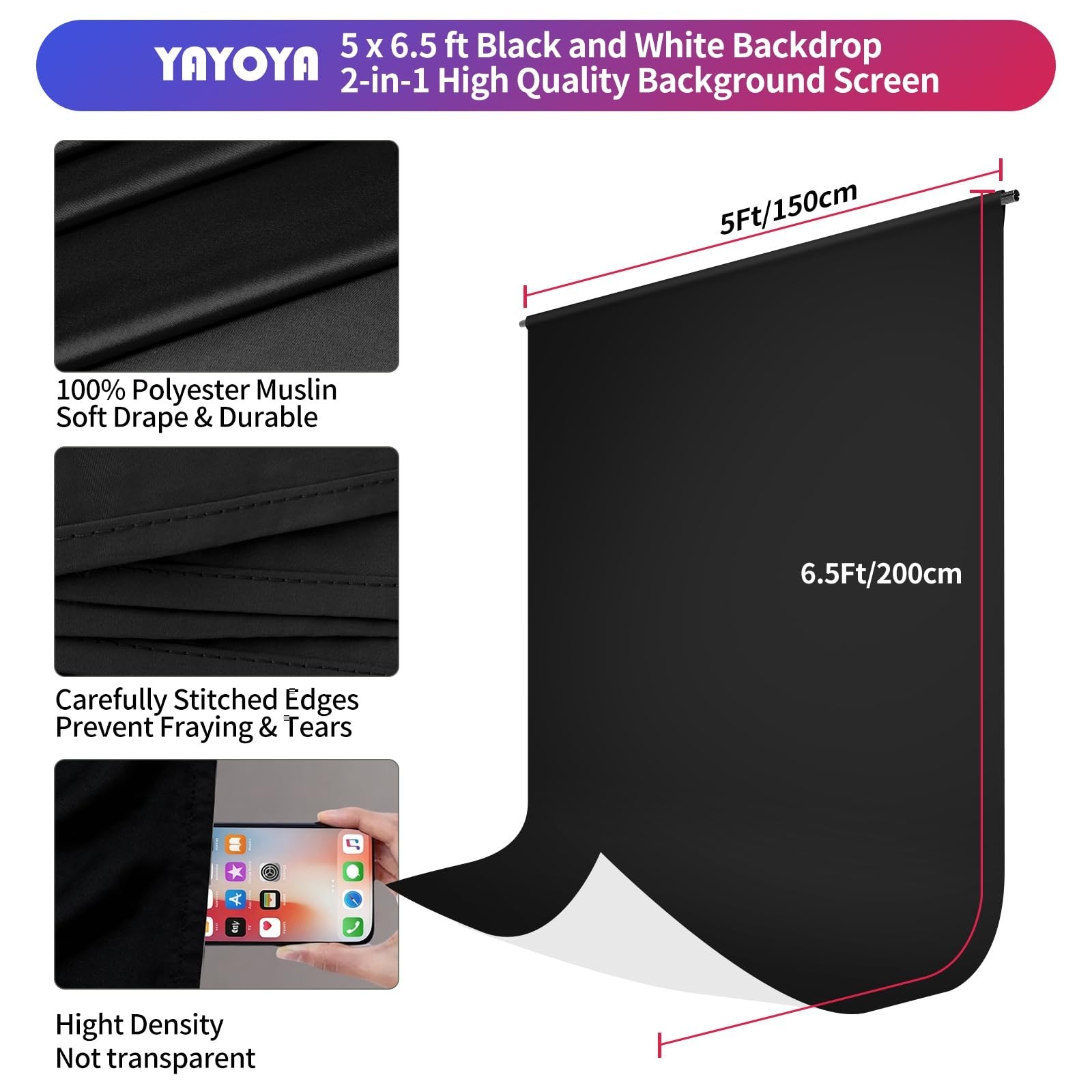 5×6.5ft Reversible Black & White Backdrop Screen Kit with T-Stand & 5 Clamps
