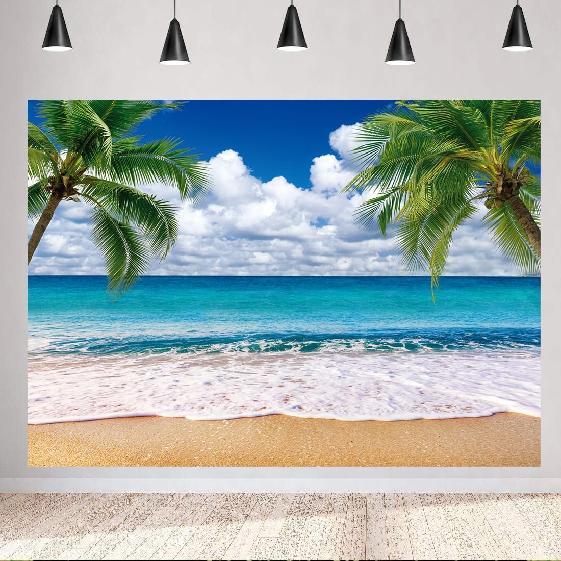 7x5ft Summer Tropical Beach Backdrop, Blue Sea, Palm Leaves, Luau, X-255