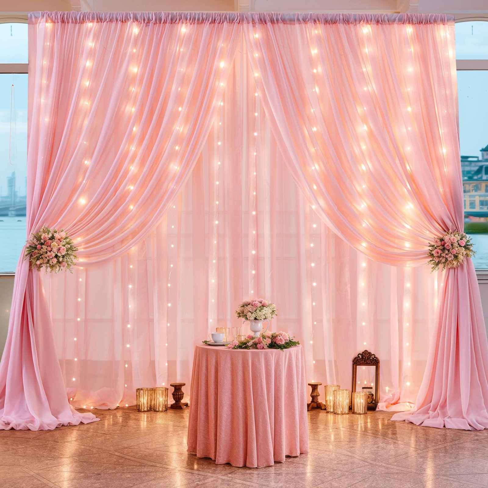 2 Panels 10×10 Ft Baby Pink Backdrop Curtain Lights String Wedding Photo