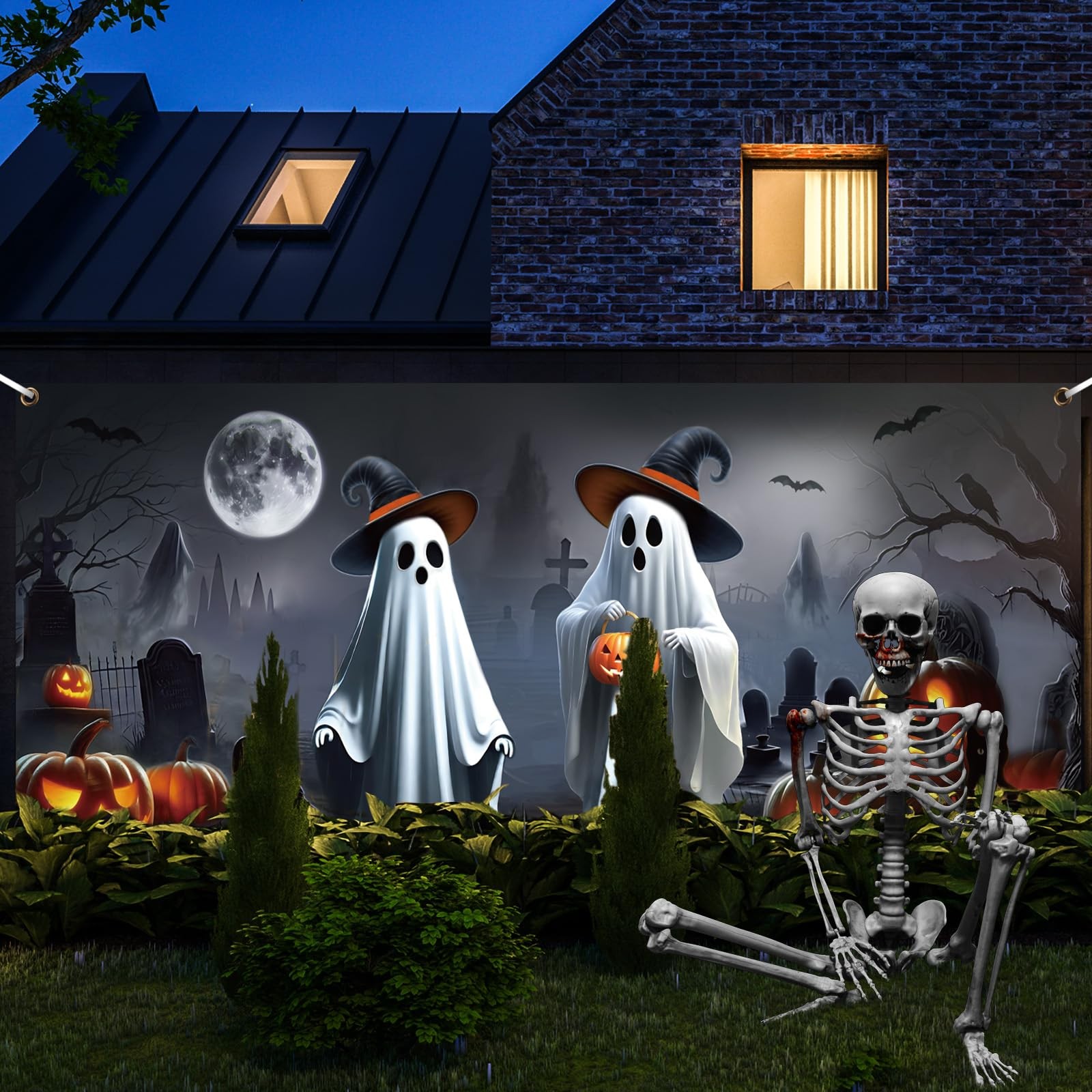 Preboun Halloween Ghost Garage Door 7 x 16 ft, as shown in the picture