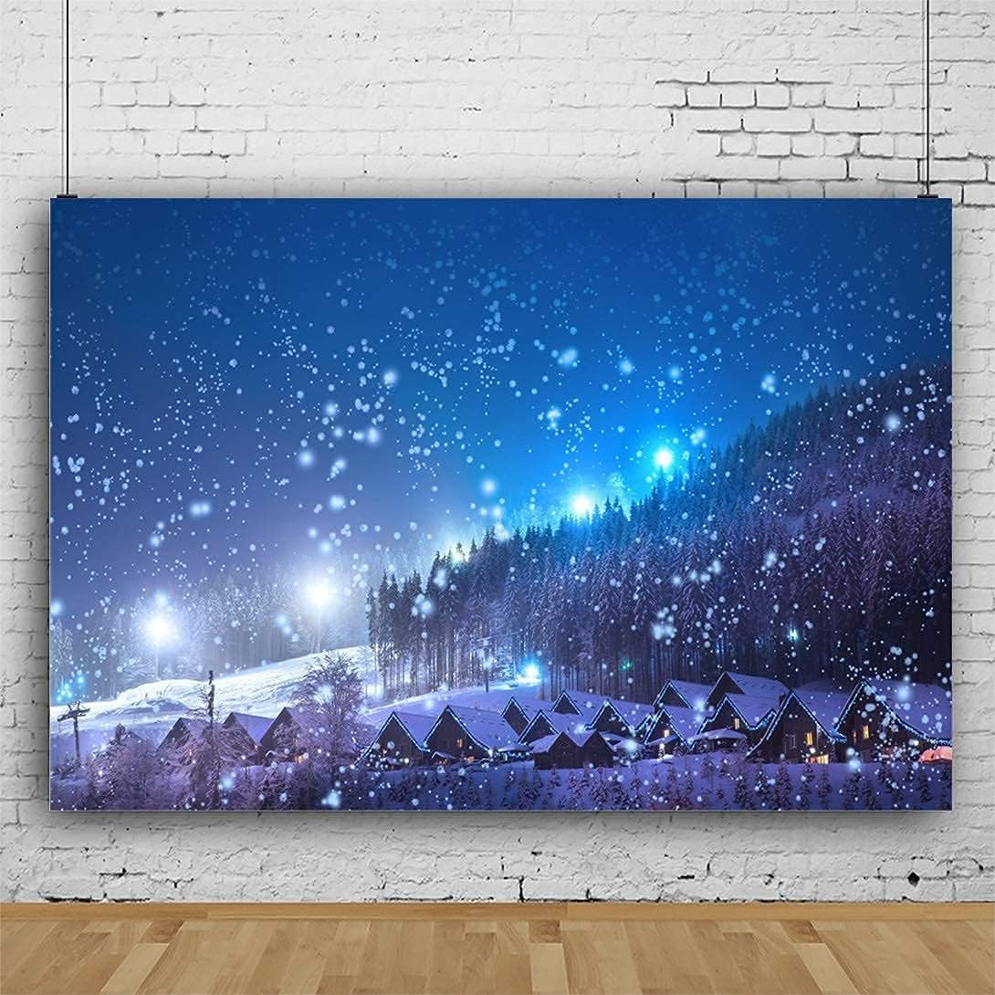 Christmas Backdrop Rustic Village Night View Forest Trees Snowing 5X3Ft