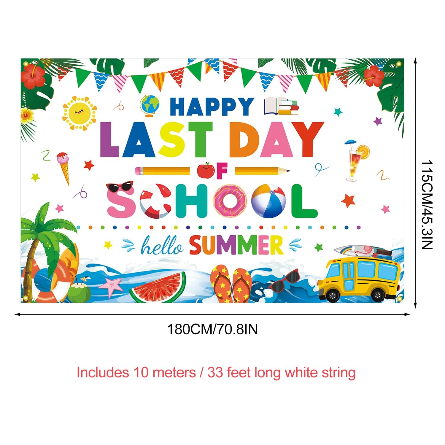 Happy Last Day of School Hello Summer Backdrop Banner End of School Year Them…