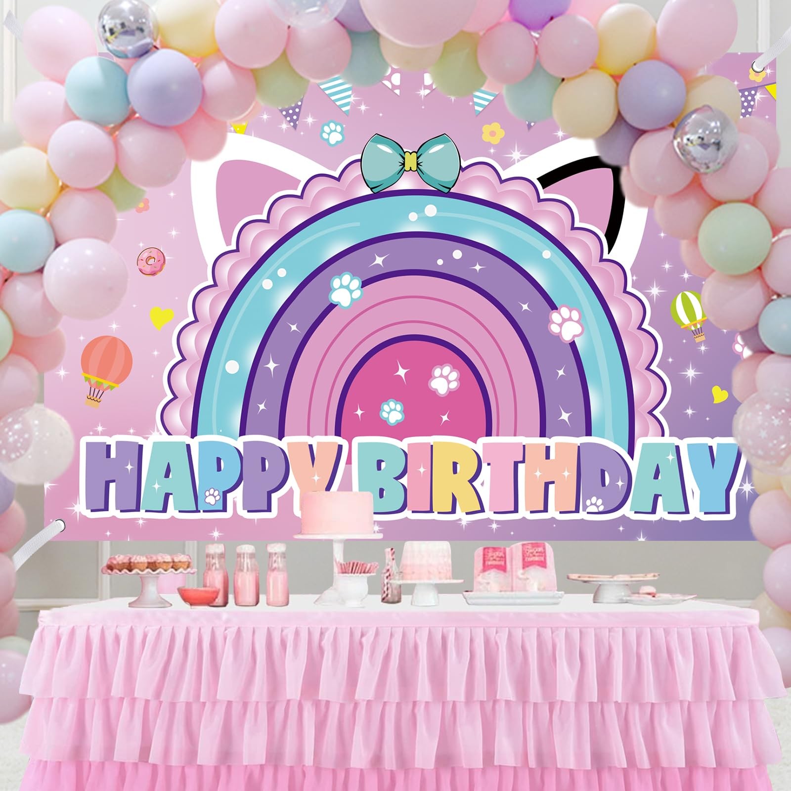 Cartoon Cat Theme Happy Birthday Photography Backdrop, 7x5ft Rainbow Backgrou…