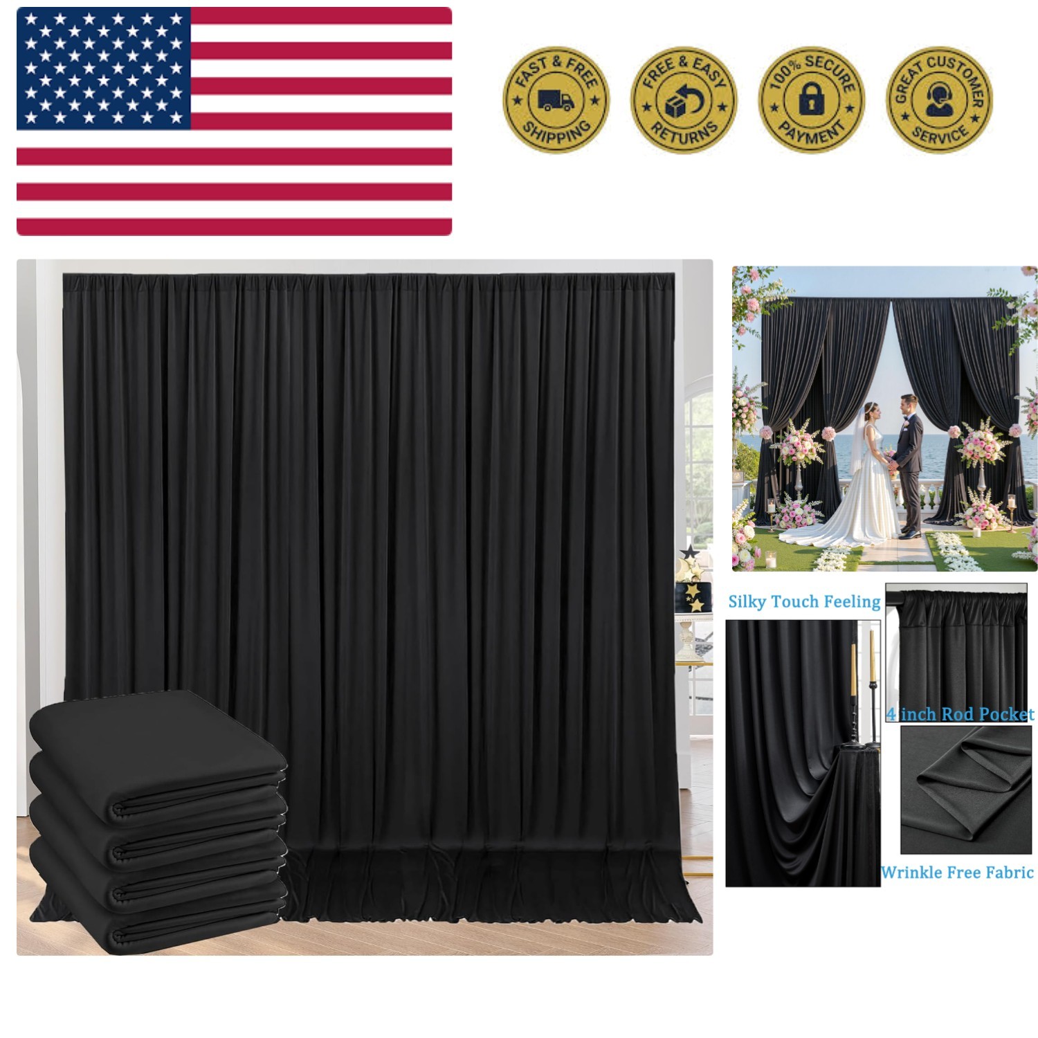 20ft x 10ft Wrinkle Free Black Backdrop Curtains for Parties, 4 Panels 5x10ft…