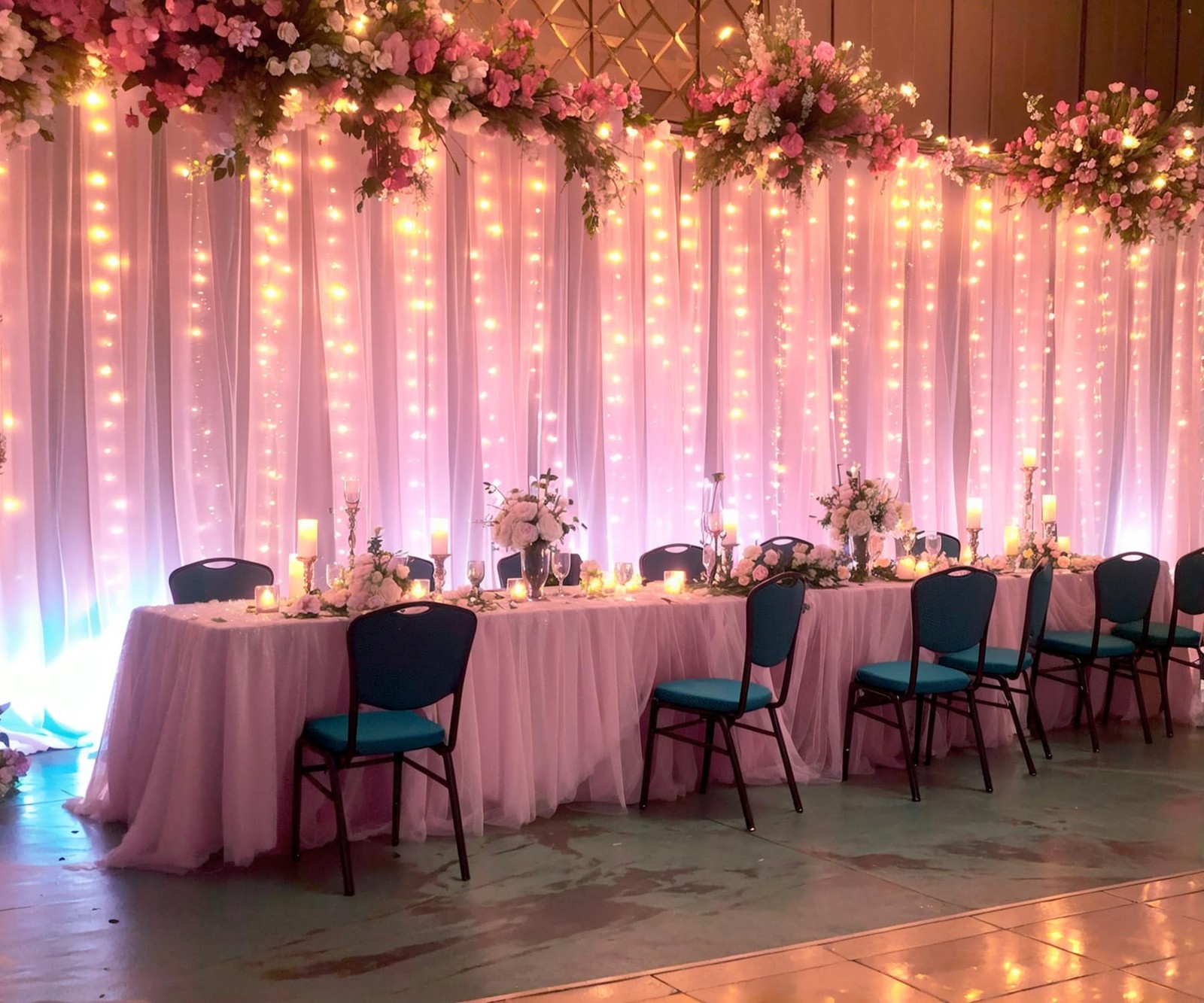 10×10 FT Baby Pink Tulle Photo Backdrop Curtain String Lights Wedding Party