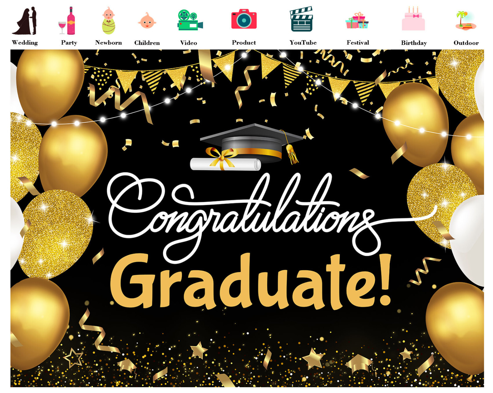 10x8ft Confetti Black and Gold Balloon Graduation Photo Background Studio Props