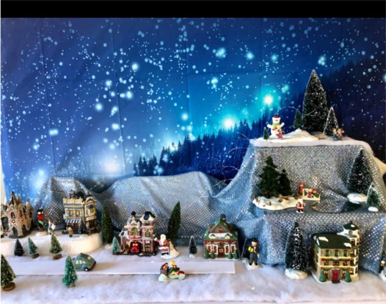 Christmas Backdrop Rustic Village Night View Forest Trees Snowing 5X3Ft