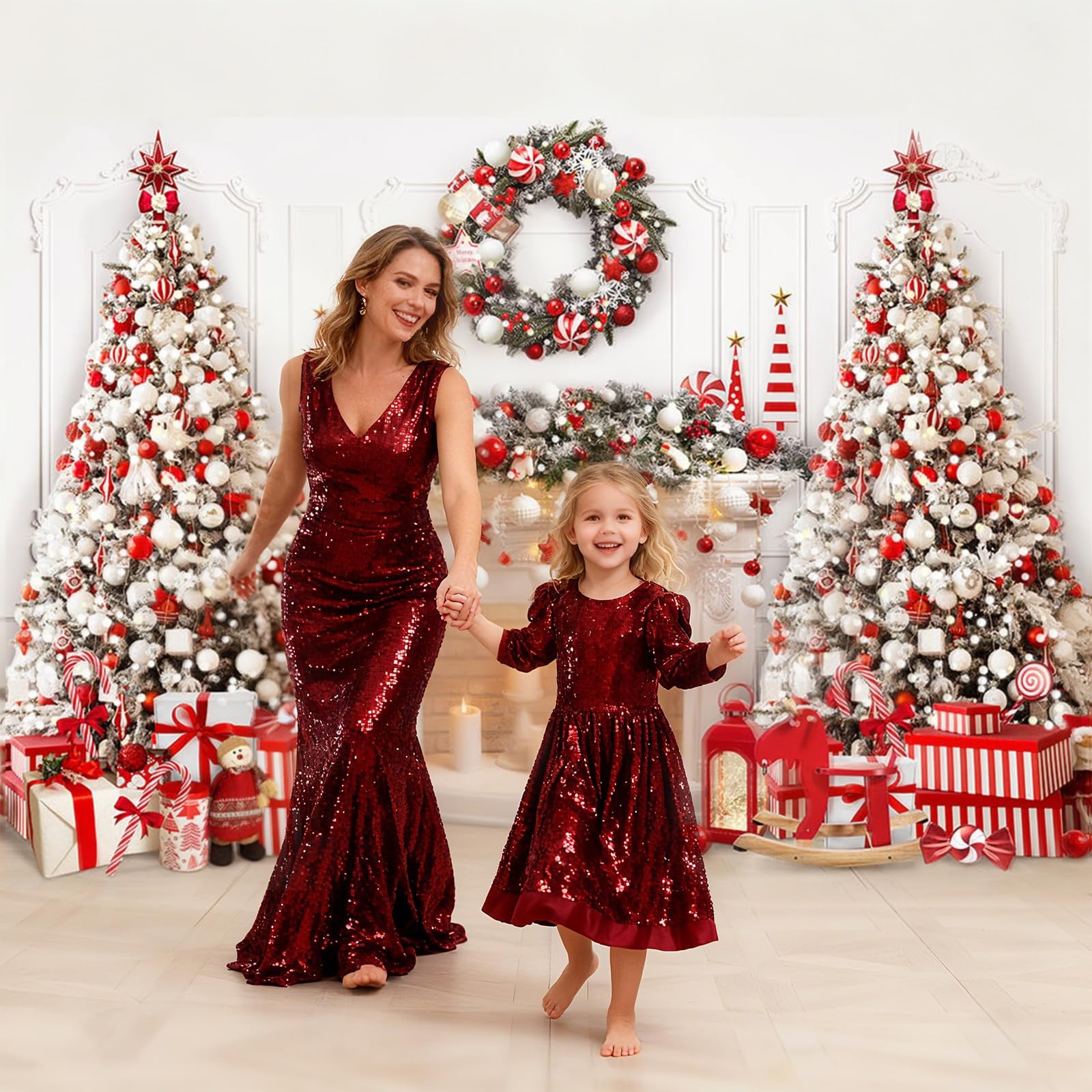 Mocsicka Merry Christmas Fireplace Backdrop (Red, 7x5ft(82”x60”), Red
